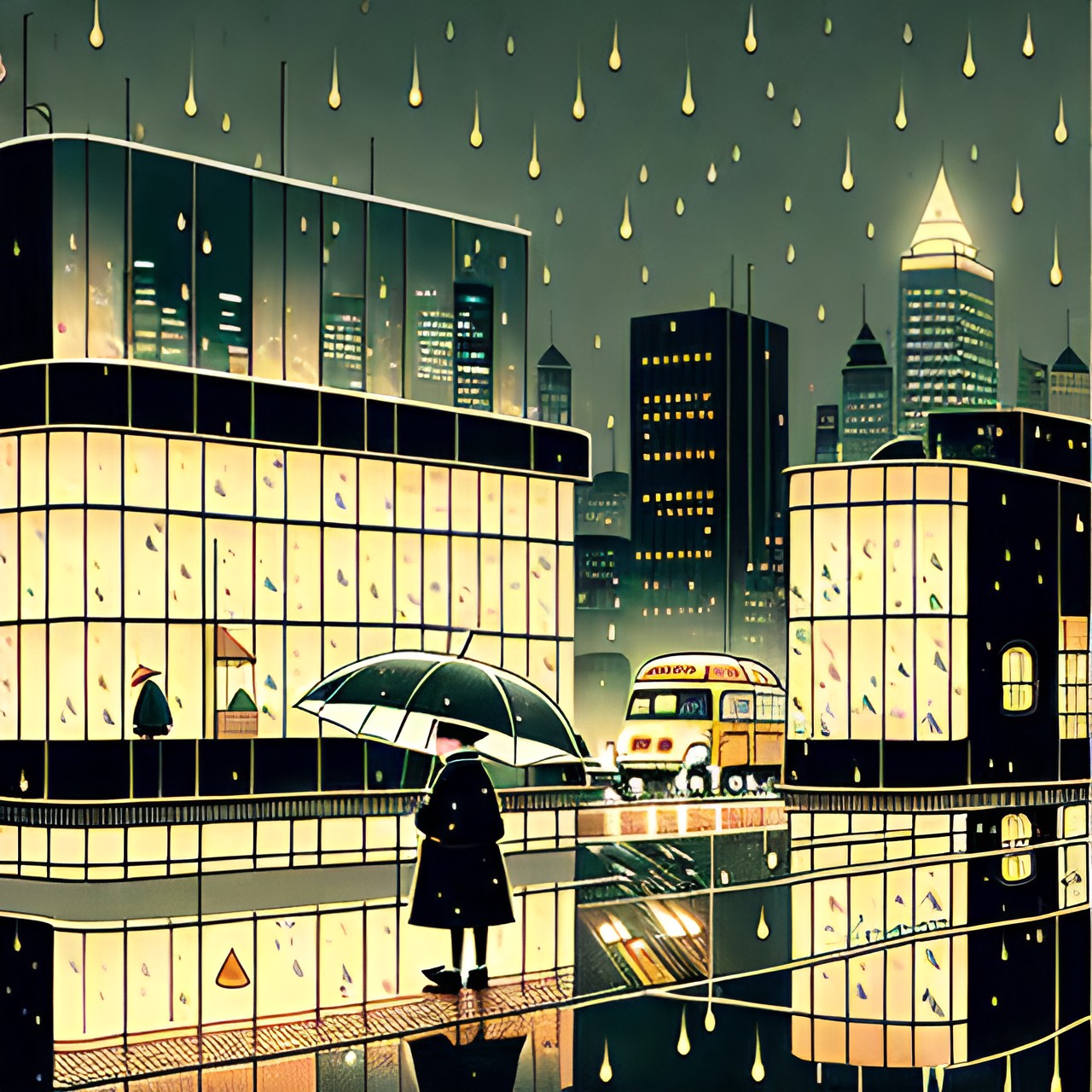 metropolitan city scape nighttime rain puddles preview