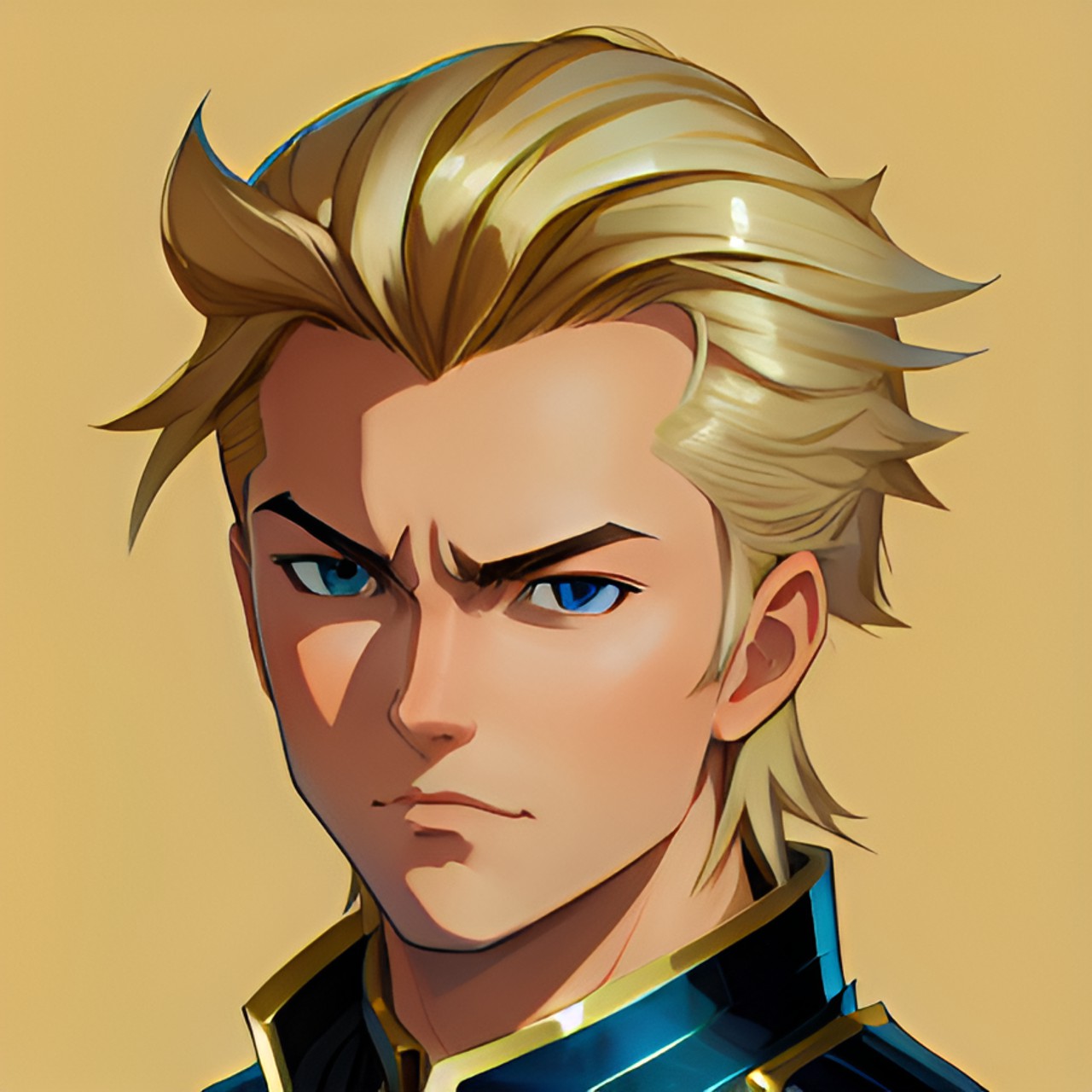 blonde hair, stern, blue eyes, confident, smirk, man, slick back hair, armor, fantasy, knight preview