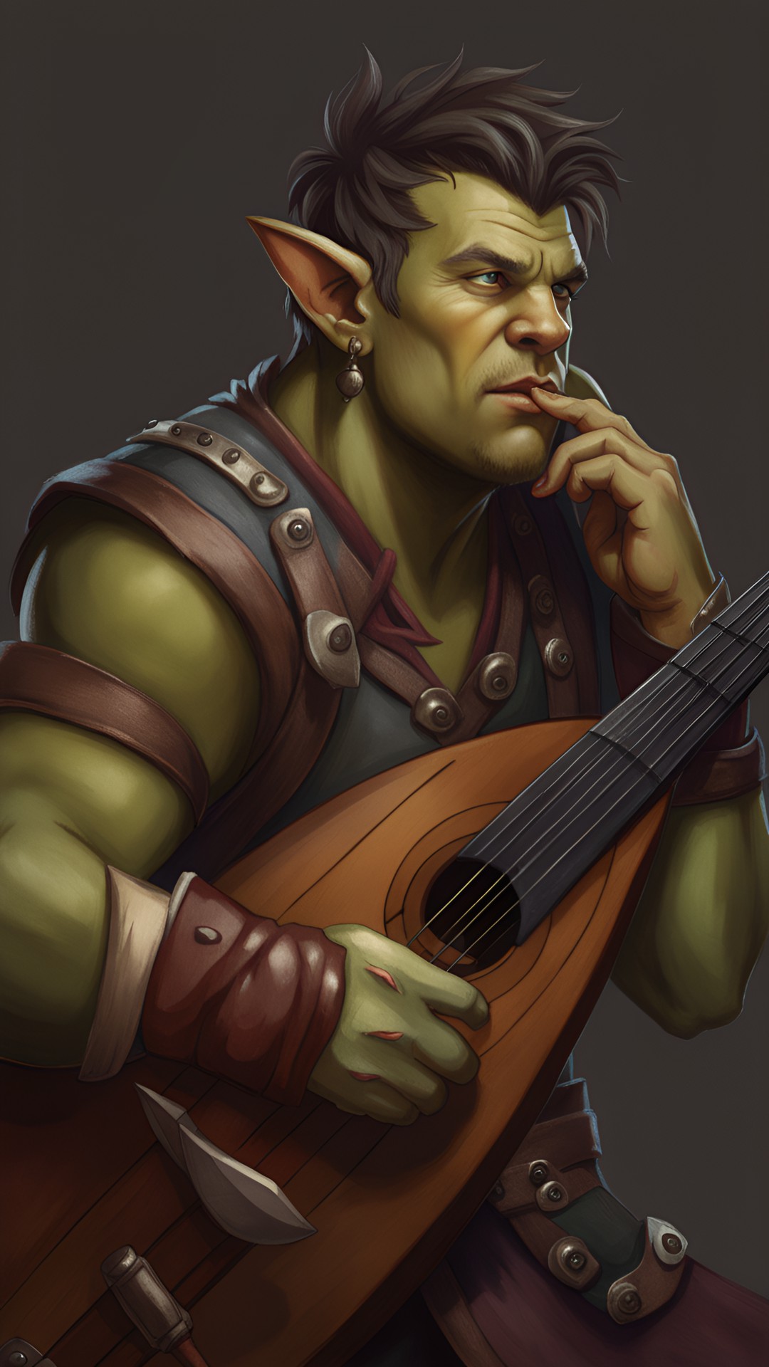 Jimmy plays lute - jimmy tatro as a half-orc from dungeons and dragons. he holds the neck of his lute close to his ear while tuning it. the expression on his face reflects his focus. preview