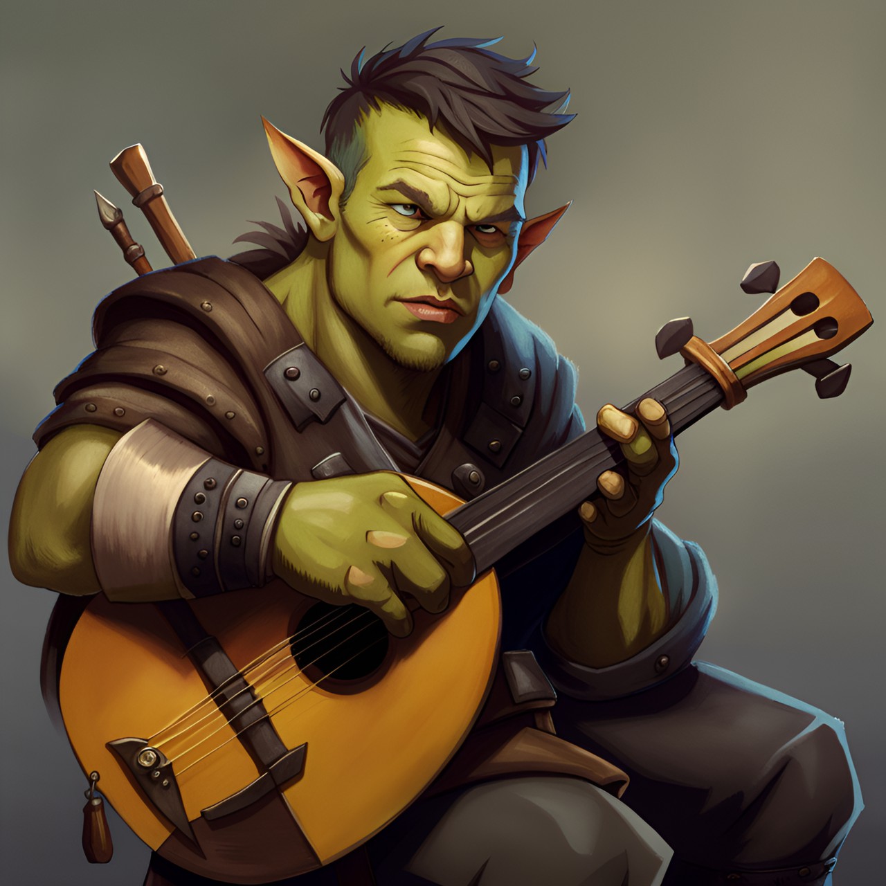 Jimmy plays lute 1x1 - jimmy tatro as a half-orc from dungeons and dragons. he holds the neck of his lute close to his ear while tuning it. the expression on his face reflects his focus. preview