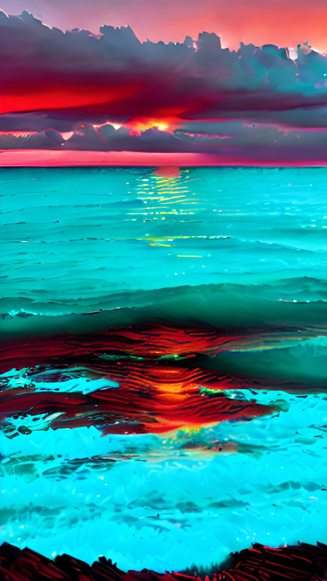 sunset sea - angry sea meets sunset sky turquoise and mahogany colors preview