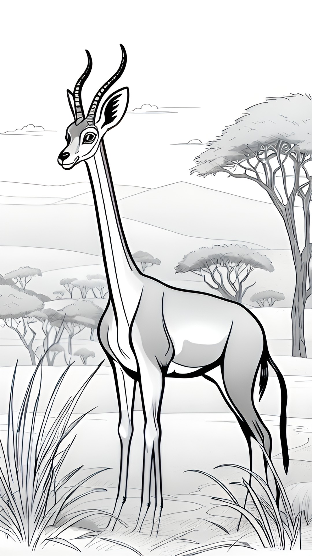 desenho de colorir de um gerenuk na savana no estilo cartoon preview