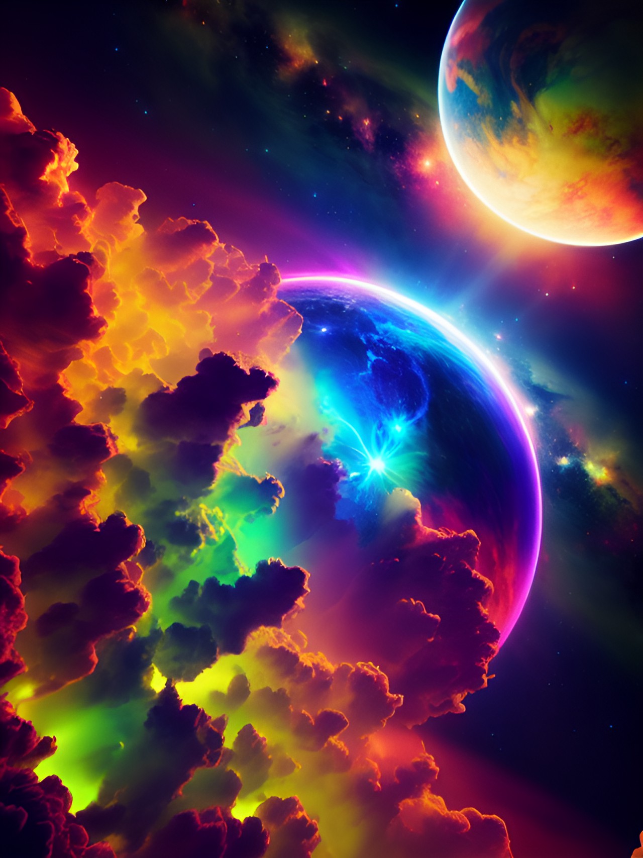 3d rendering, hyper realistic, high quality, vivid colors, 8k hd, glowing planet, stars, shiny, dark, bright, neon, space scene, nebula explosion background preview