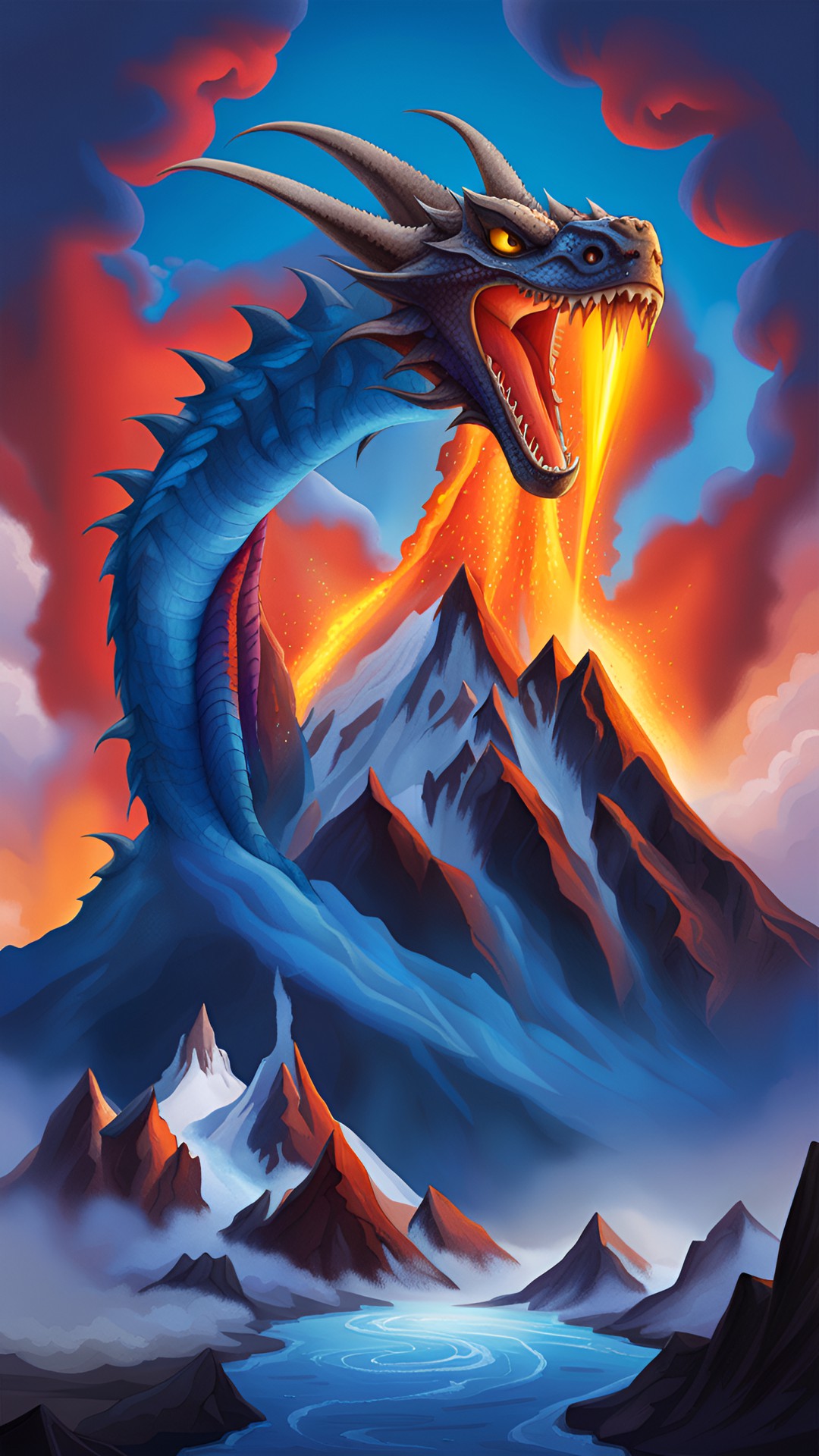 Ice dragon - erupting volcano with a blue scales ice breathing dragon flying out of the top of the volcano preview