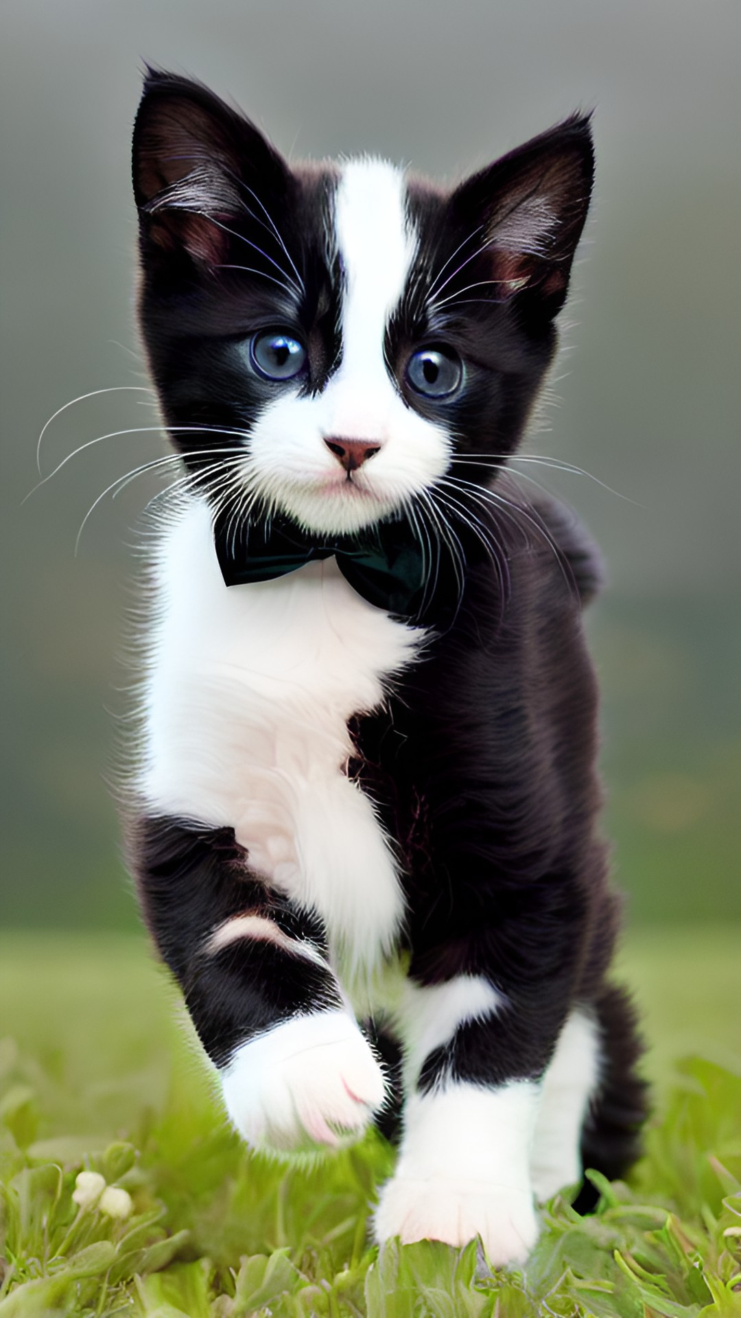 a black and white tuxedo kitten playing in a field preview