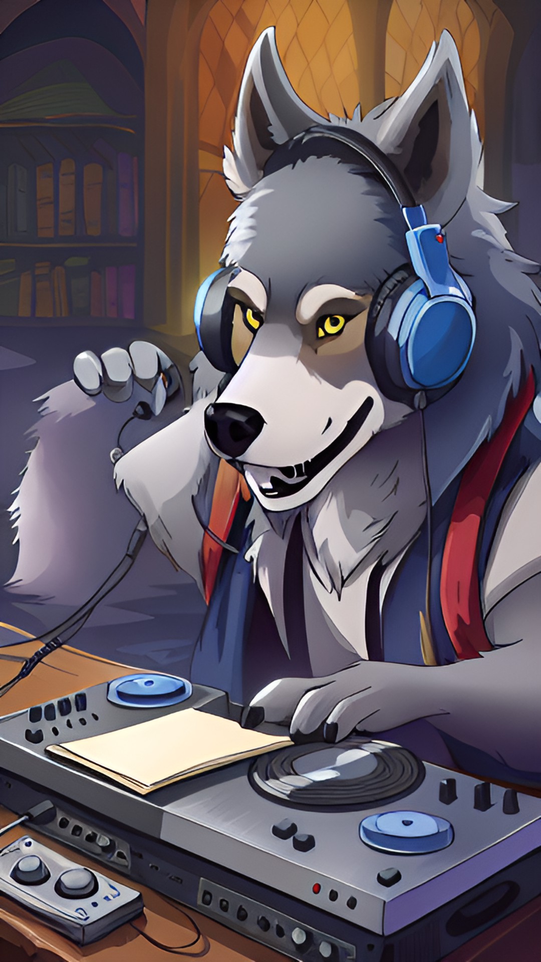 Dj Oddwolf - a wolf who is deejaying in a castle - a wolf who is deejaying in a castle. he's wearing headphones and has a turntable in front of him. he looks like he's having a great time! also write down oddwolf as his name preview