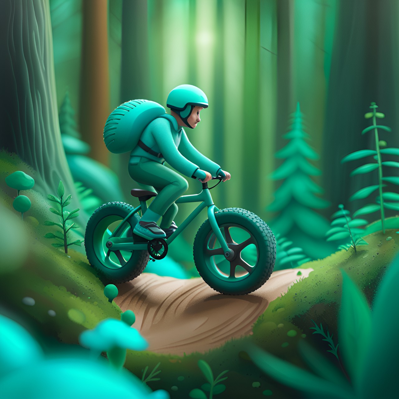 riding a fatbike over bumps, turquoise bike, green forest preview