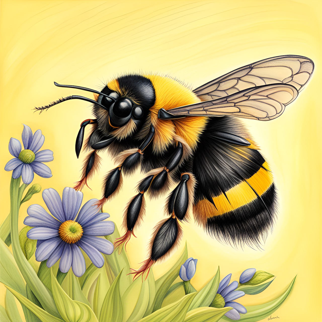 happy bumblebee, colored pencil illustration preview