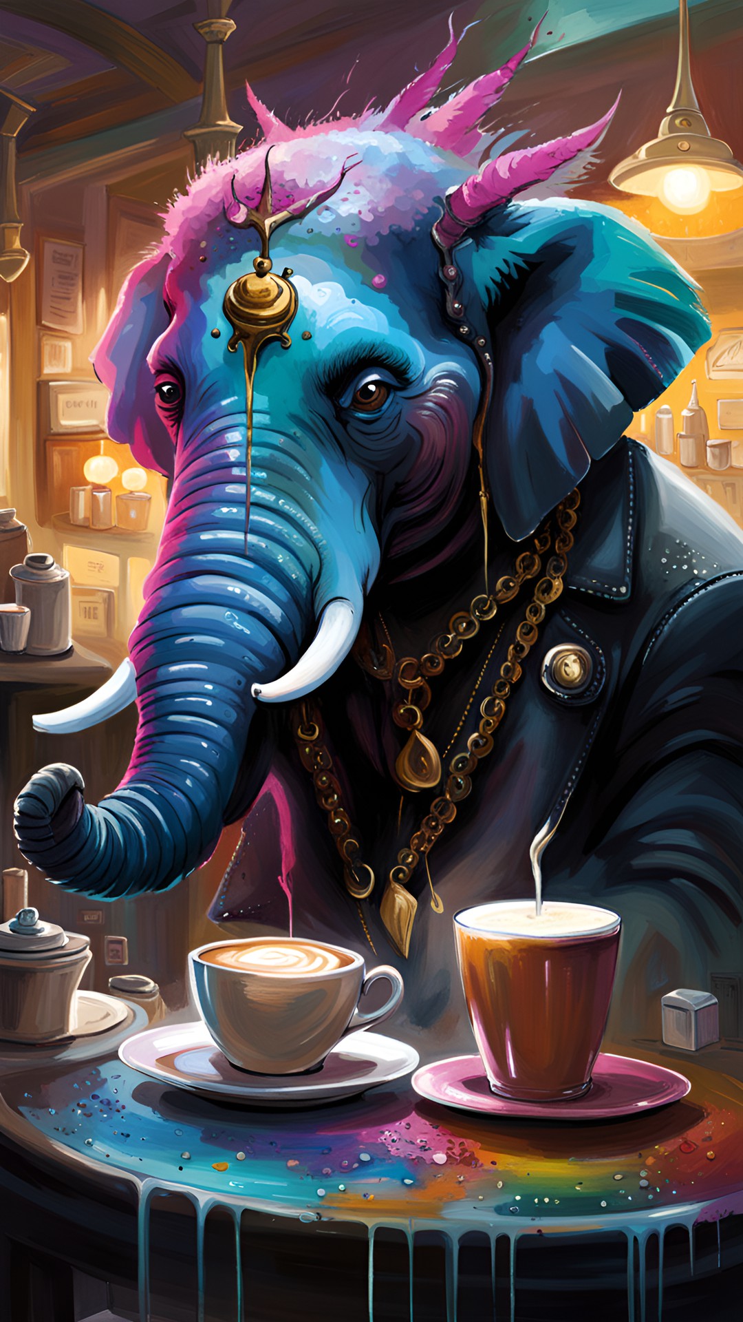 punk elephant sipping a latte in a cafe preview