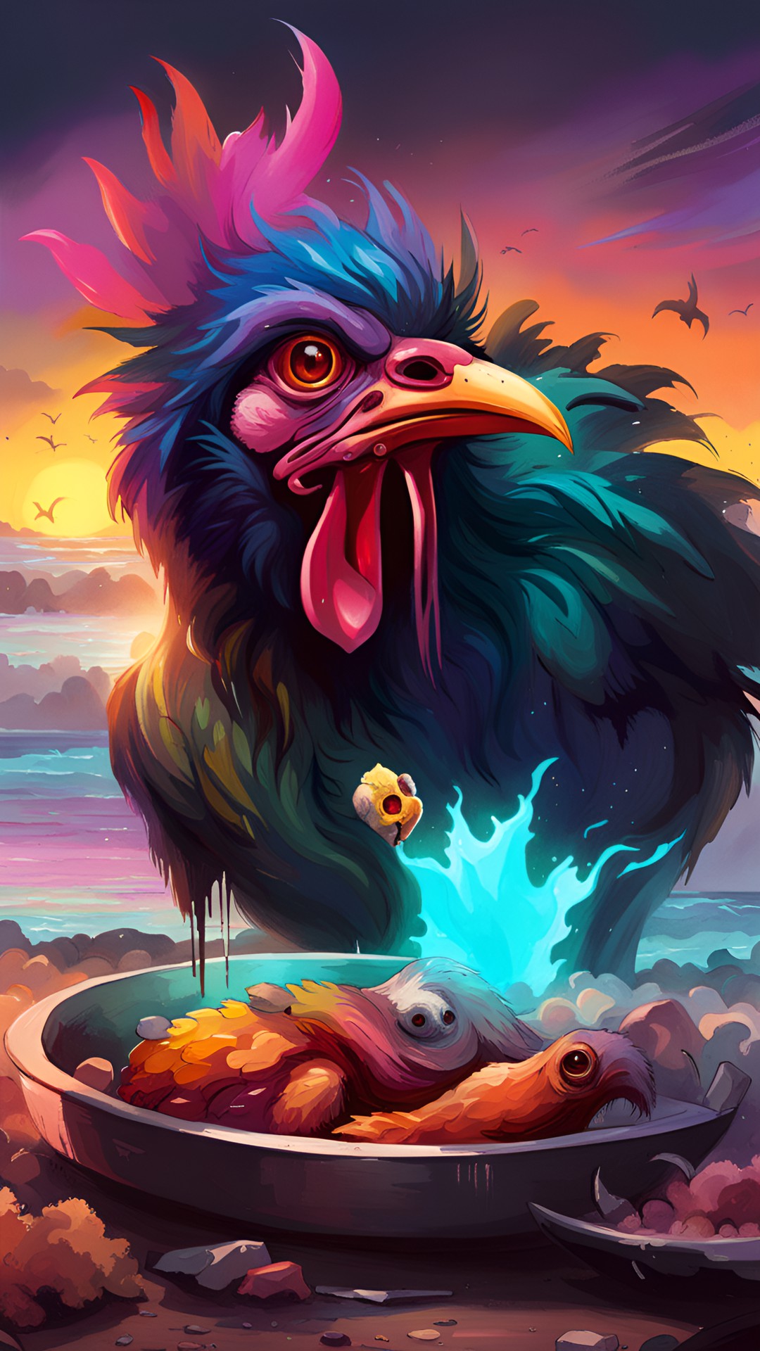 cyberpunk chicken can eat fresh meat at the beach. preview