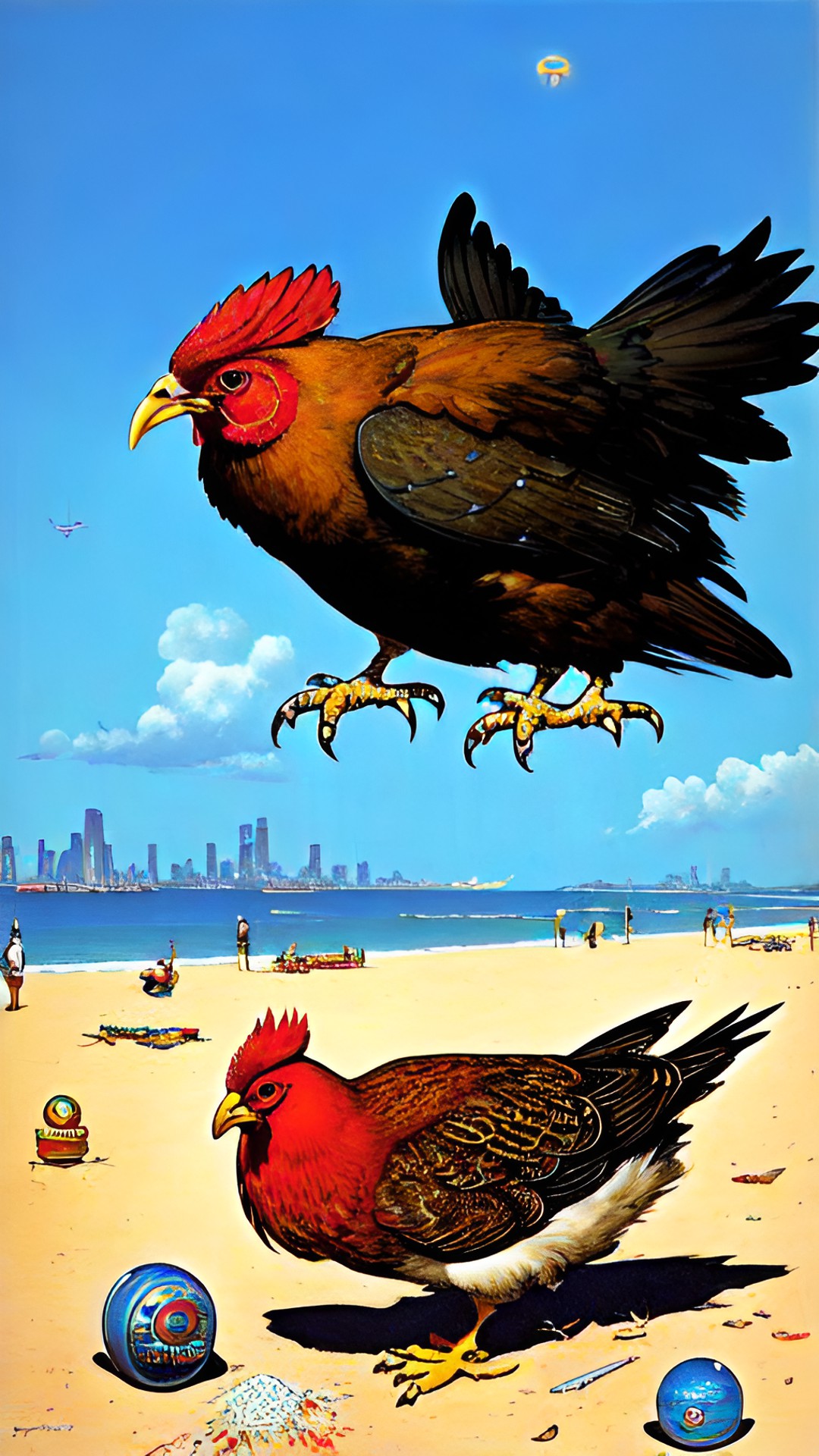 cyberpunk chicken can eat fresh meat at the beach. preview