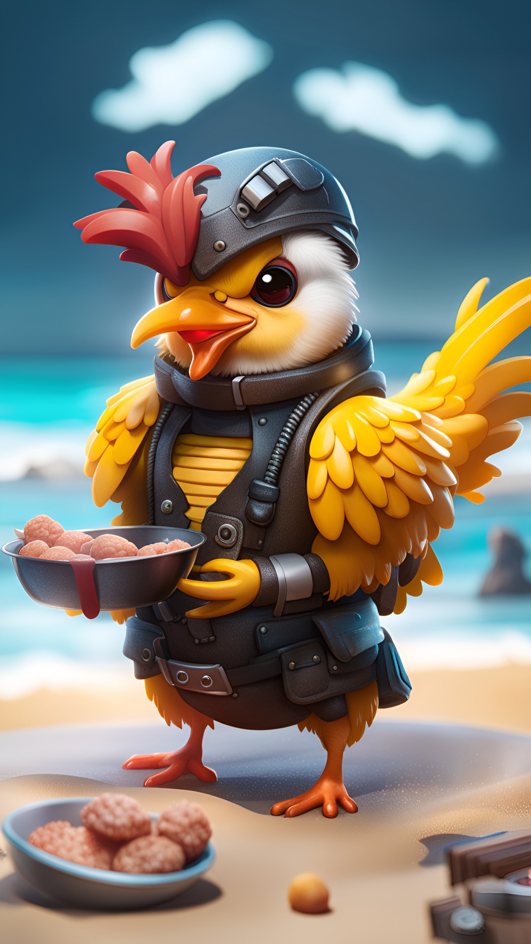 cyberpunk chicken can eat fresh meat at the beach. preview