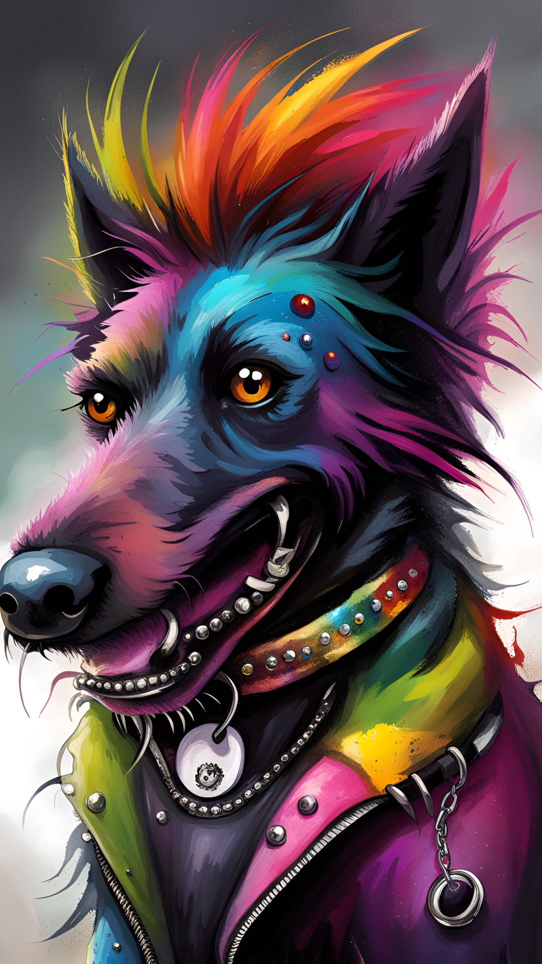 punk rocker dog, pierced ears, nose ring, rainbow mowhawk preview