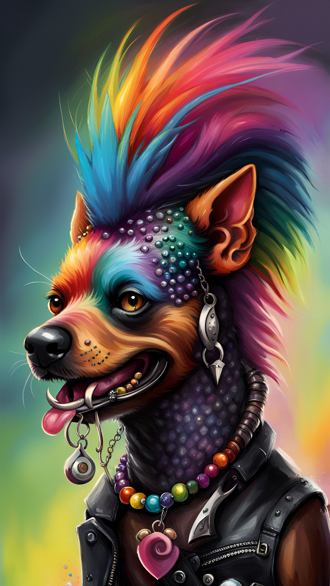 punk rocker dog, pierced ears, nose ring, rainbow mowhawk preview