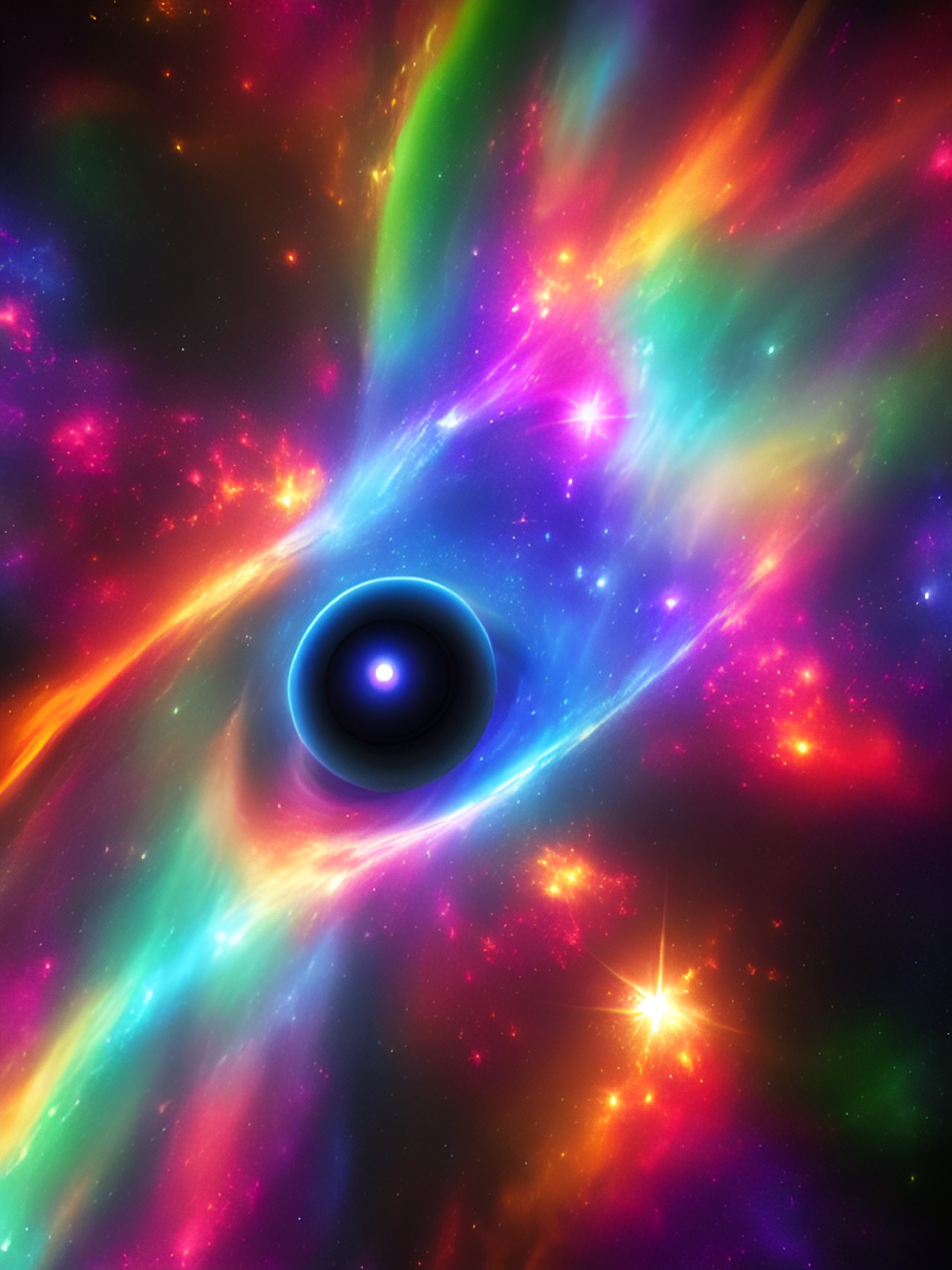 3d rendering, hyper realistic, high quality, vivid colors, 8k hd, glowing black hole, stars, shiny, dark, bright, neon, space scene, nebula explosion background preview