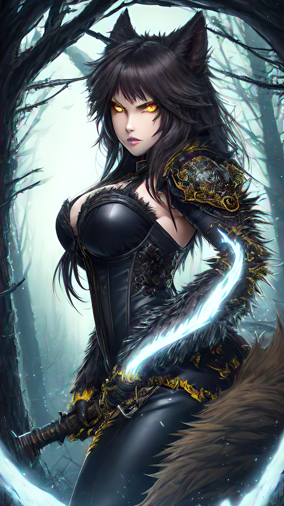 best quality, masterpiece, ultra-detailed, illustration, detailed light, intense transformation, fierce, 1 woman, solo, werewolf, medium build, long hair, wild, dark brown fur, snarling expression, glowing yellow eyes, sharp fangs, elongated nails, torn and tattered clothing, moonlit forest background, dense trees, eerie blue moonlight, intense sha preview