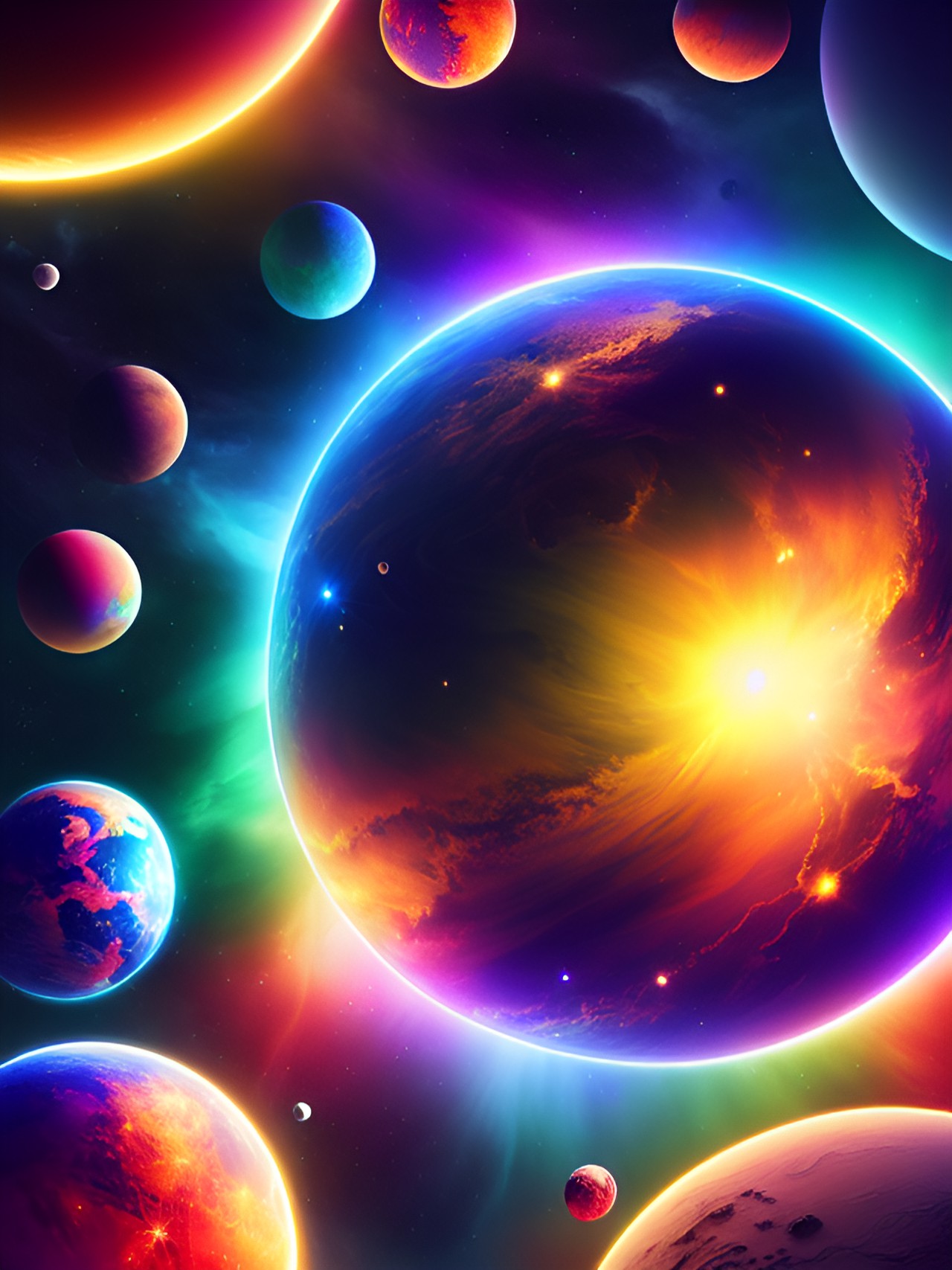 3d rendering, hyper realistic, high quality, highly detailed, vivid colors, 8k hd, glowing crumbling planet, stars, shiny, dark, bright, neon, space scene, nebula explosion background preview