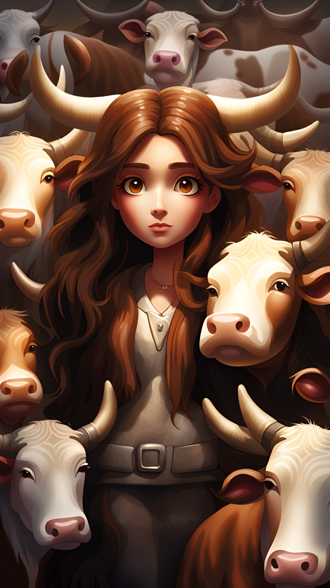 1 woman, solo, mystical, medium build, long hair, brown hair, wide-eyed expression, surprise, cow transformation, cow ears, cow horns, cow hooves, cow tail, cow patterned skin, utters, soft fur on all fours preview