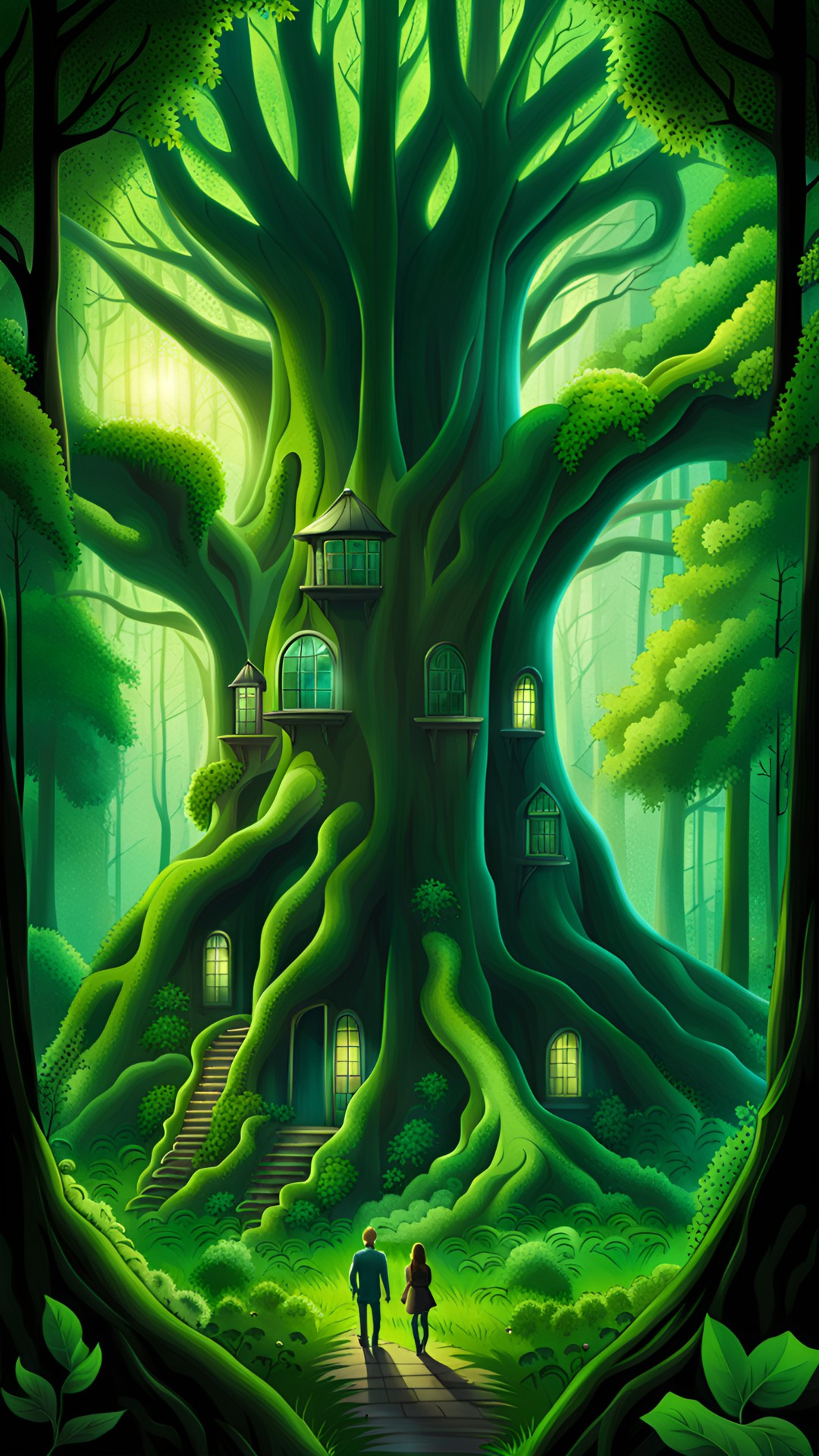 humans in lush green magical forest with a huge tree in middle inside of that tree many windows can be seen, landscape view , ultra hd , preview