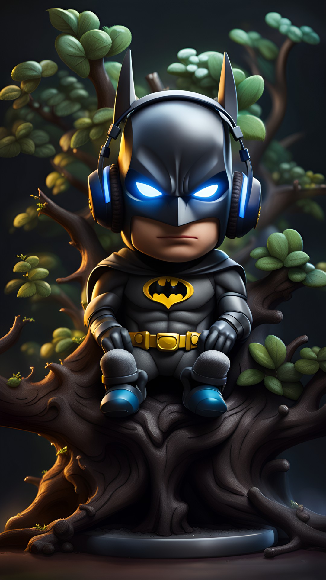 realistic cartoon tree with gaming headphones on and a controller in his had with a face of batman preview