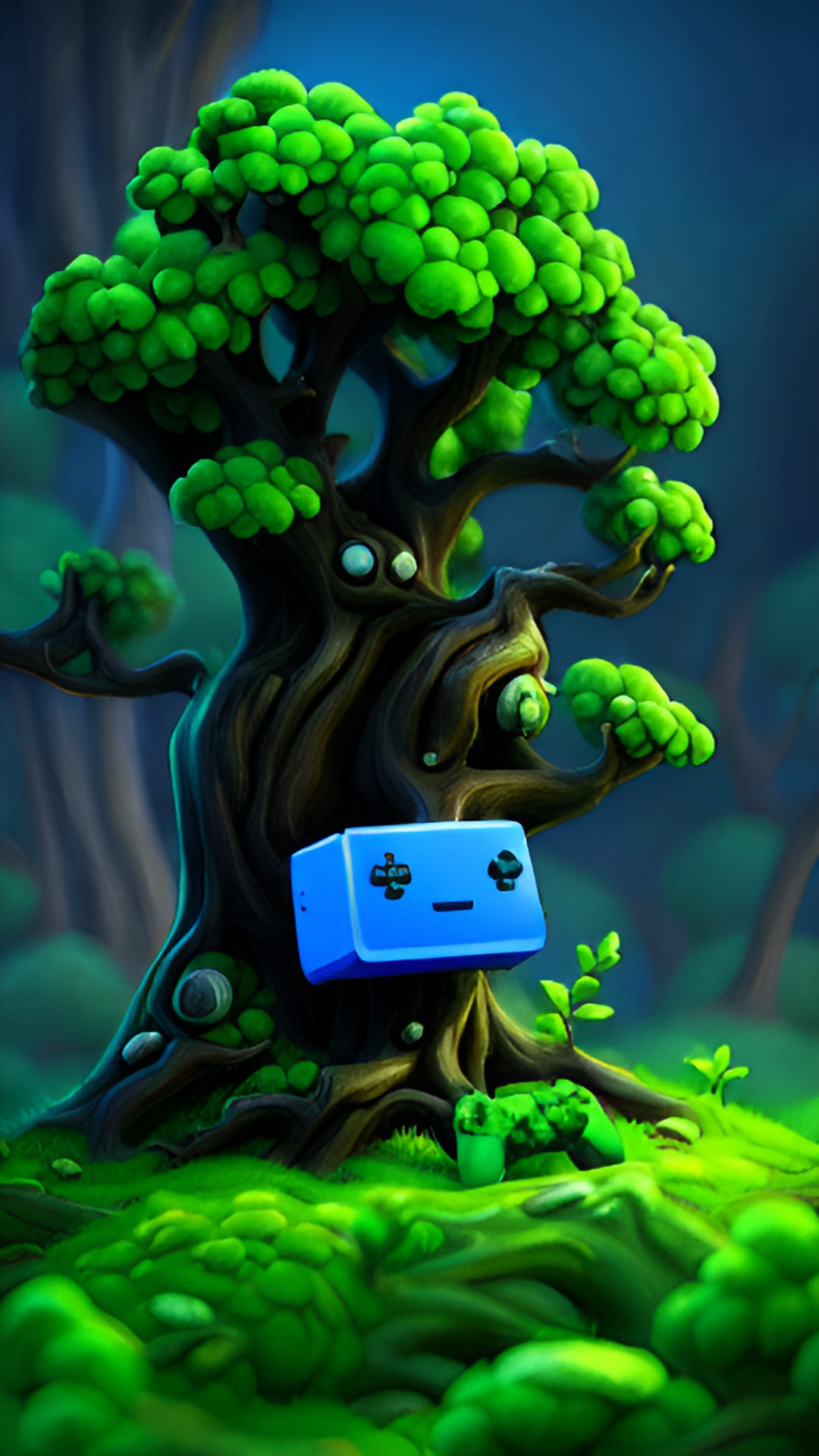 cartoon tree with a face playing a computer game called fortnite preview