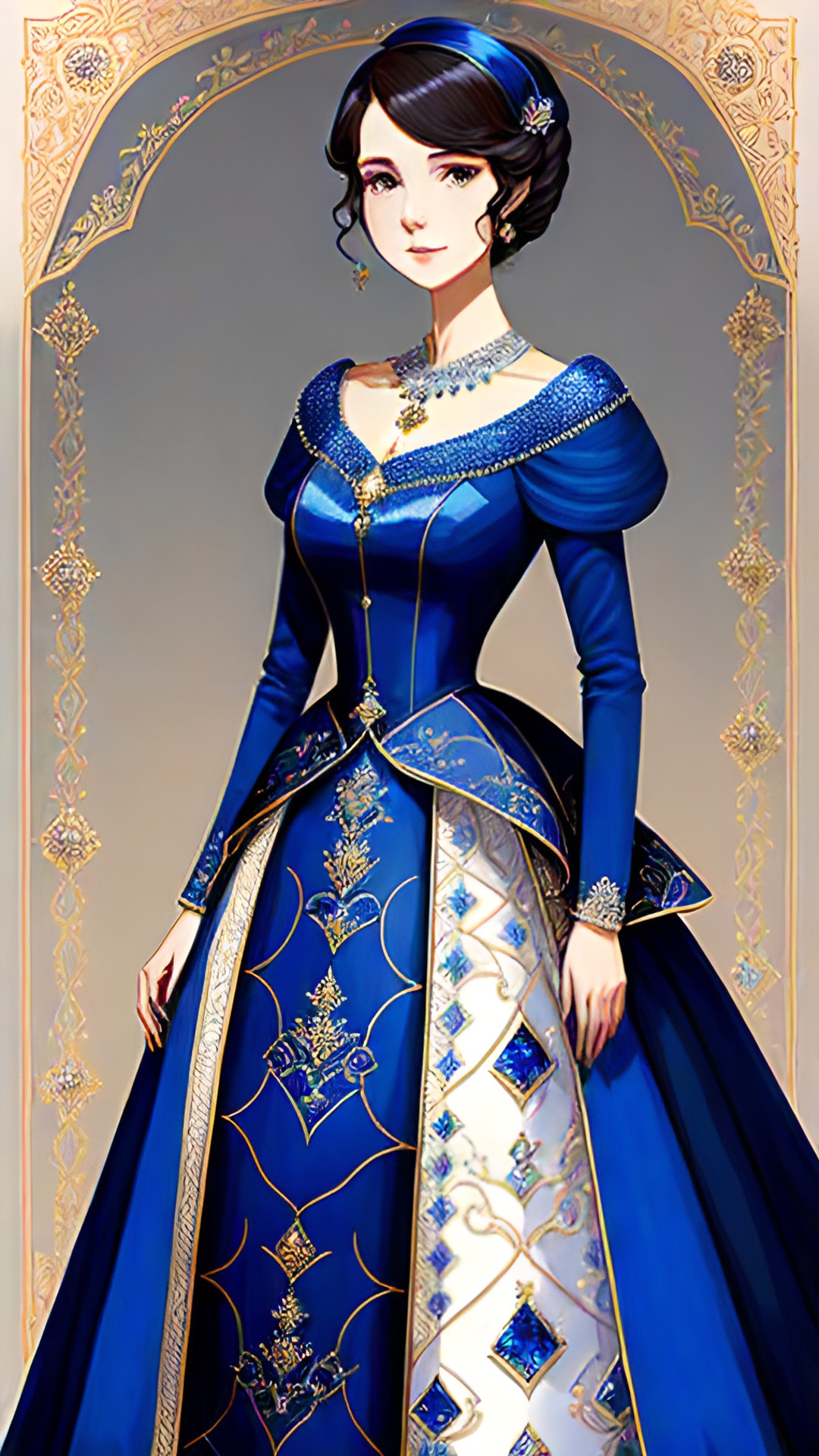 elegant woman wearing a royal blue evening gown decorated with embroidery and a lavish amount of diamonds and sapphires preview