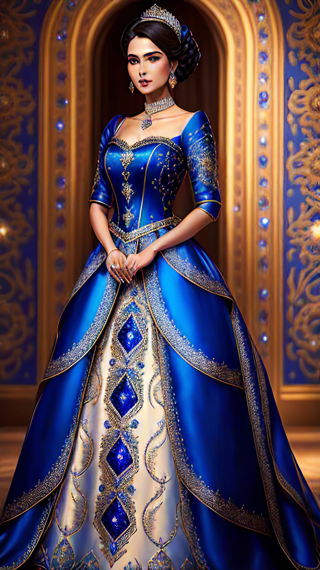 elegant woman wearing a royal blue evening gown decorated with embroidery and a lavish amount of diamonds and sapphires preview