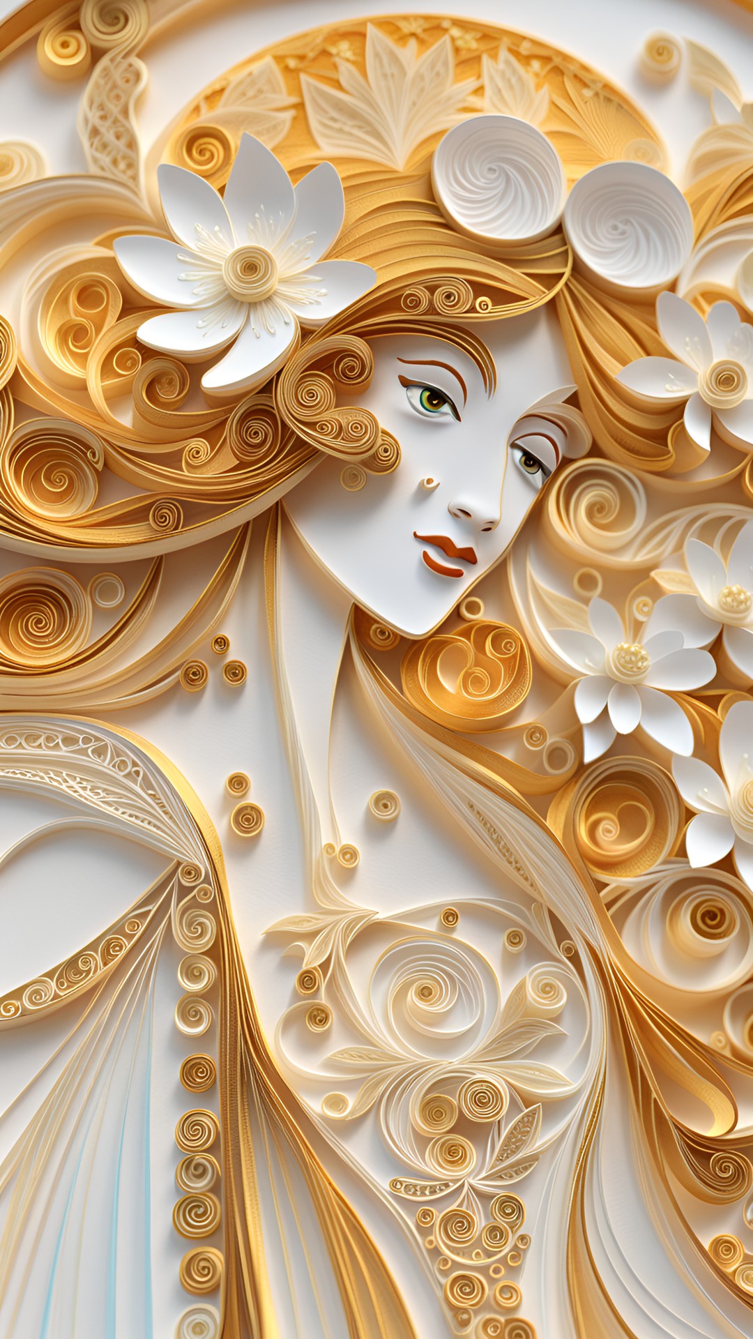 quilling mystical french lady with white and gold flowers, intricate goldfiligree accents, highly detailed, in the style of mucha, detailed portraiture, white and gold,multidimensional shading, detail preview