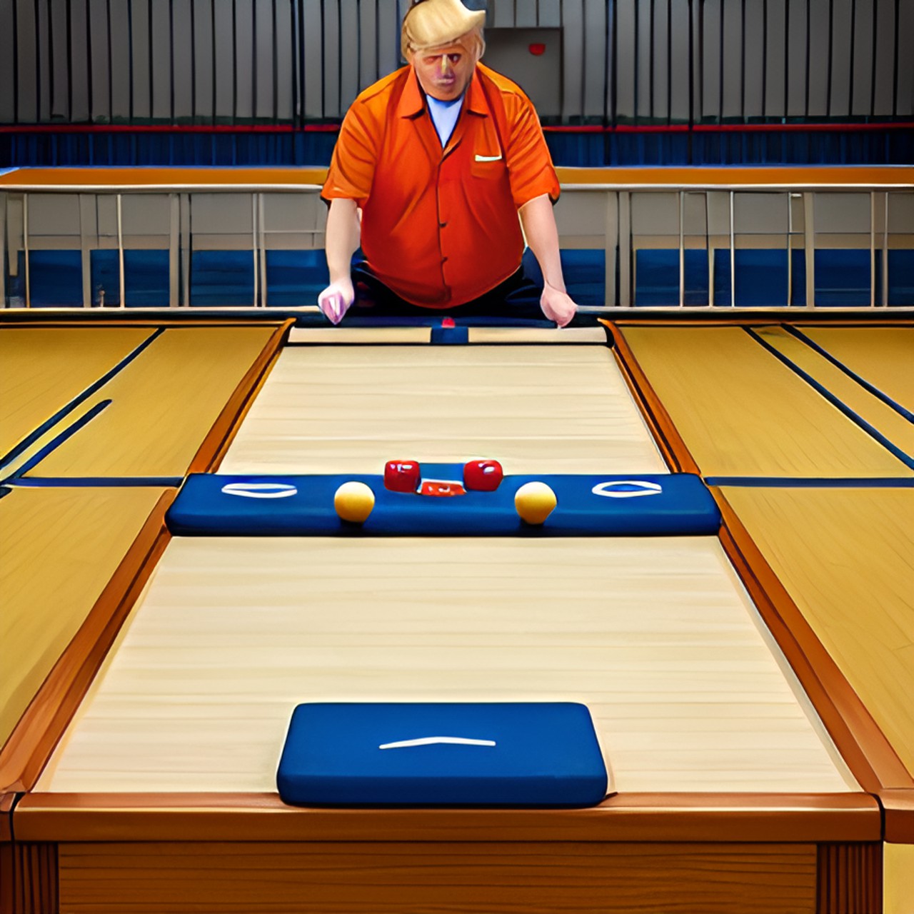 donald trump in a prison outside playing table shuffleboard against a monkey playing table shuffleboard. he's wearing an orange jumpsuit, and his hair is a mess. he looks angry. preview