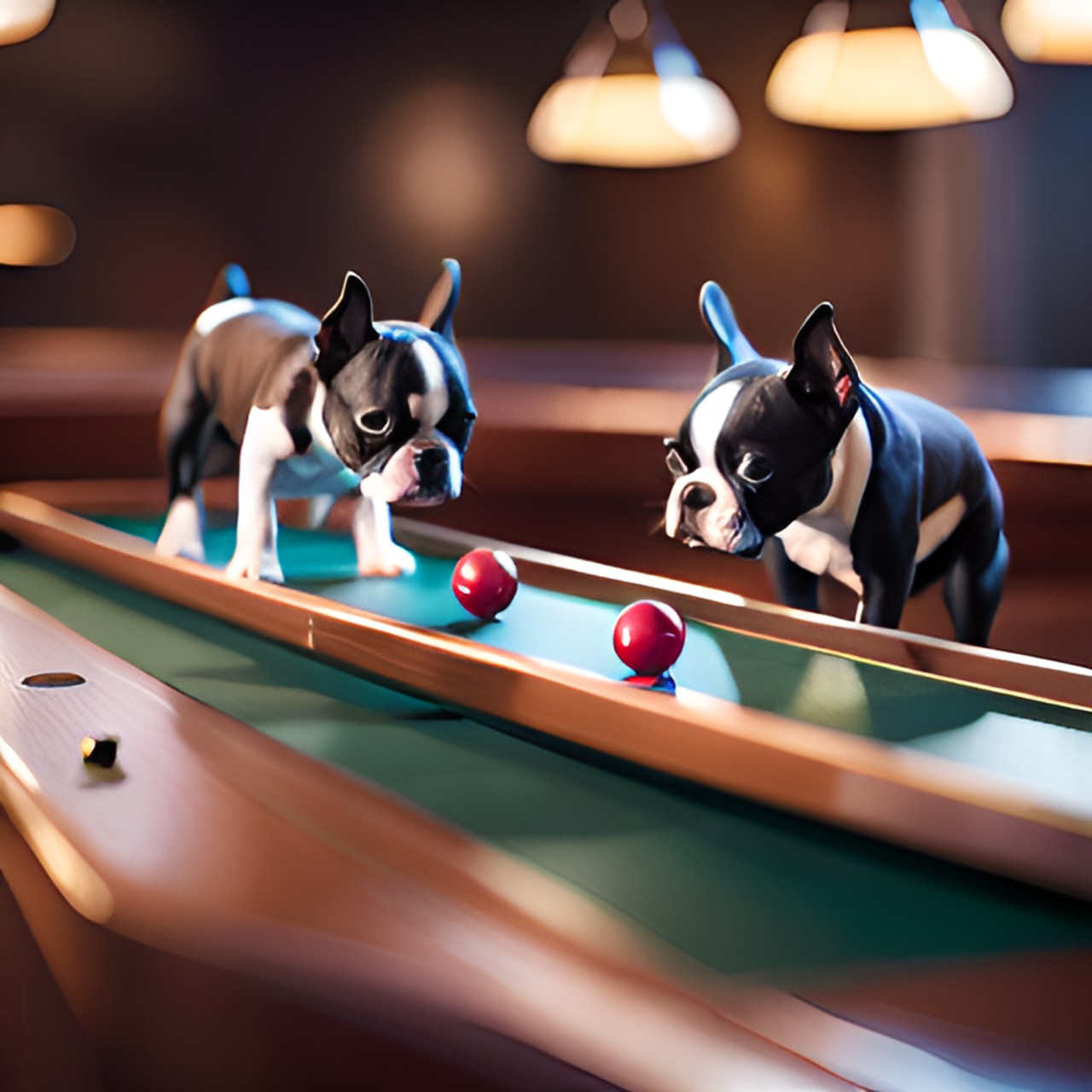 two boston terrier dogs playing shuffleboard on a table  - preview