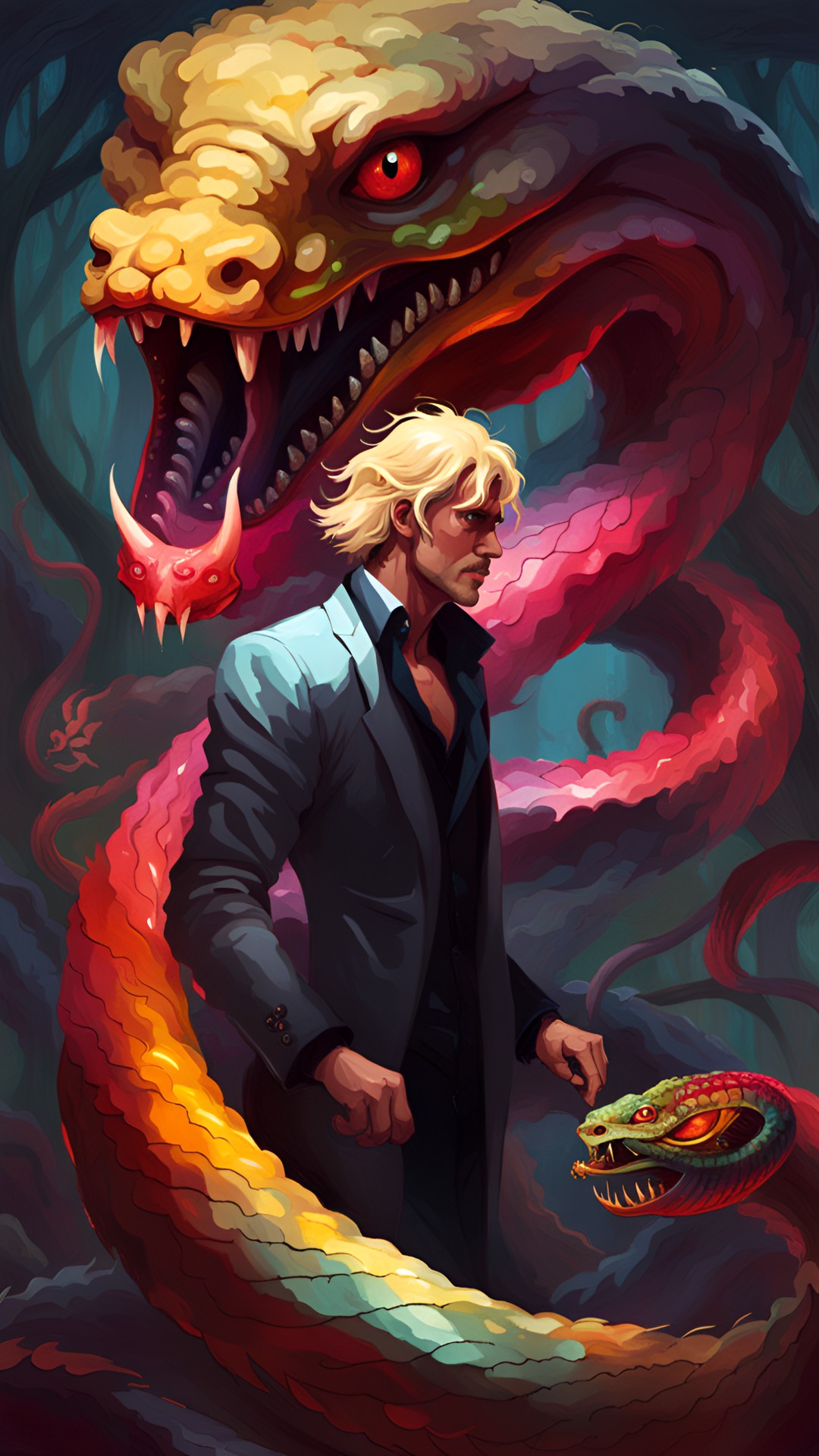 a man with snake characteristics and red eyes and blond hair preview