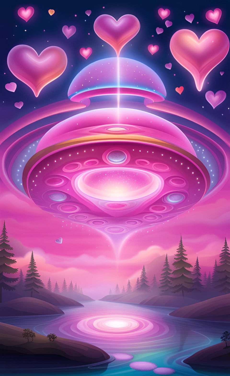 cute pink flying saucer, ufo, with lots of cute hearts, swirling smokey waters defying gravity, ascending skyward; prismatic reflections capturing a myriad of cosmos; the shimmering gateway to a luminescent moon preview