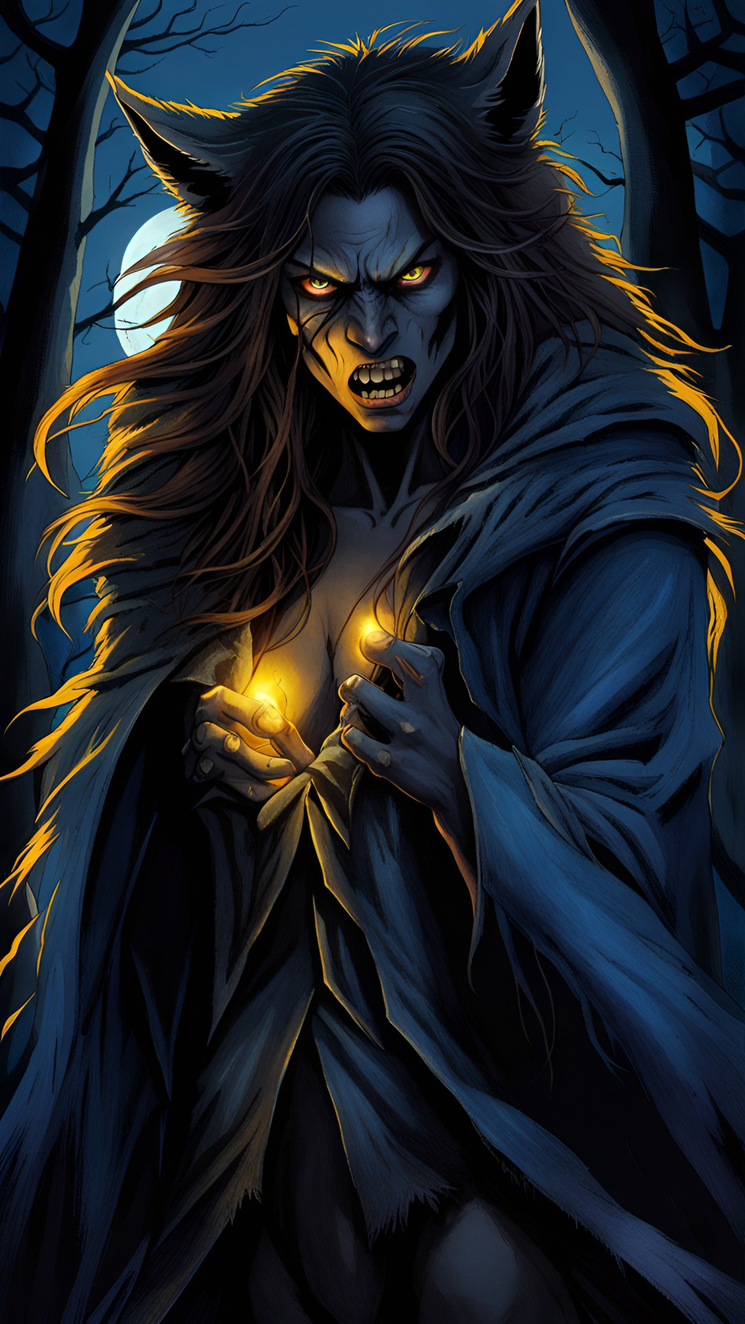 best quality, masterpiece, ultra-detailed, illustration, detailed light, intense transformation, fierce, 1 woman, solo, werewolf, medium build, long hair, wild, dark brown fur, snarling expression, glowing yellow eyes, sharp fangs, elongated nails, torn and tattered clothing, moonlit forest background, dense trees, eerie blue moonlight, intense sha preview