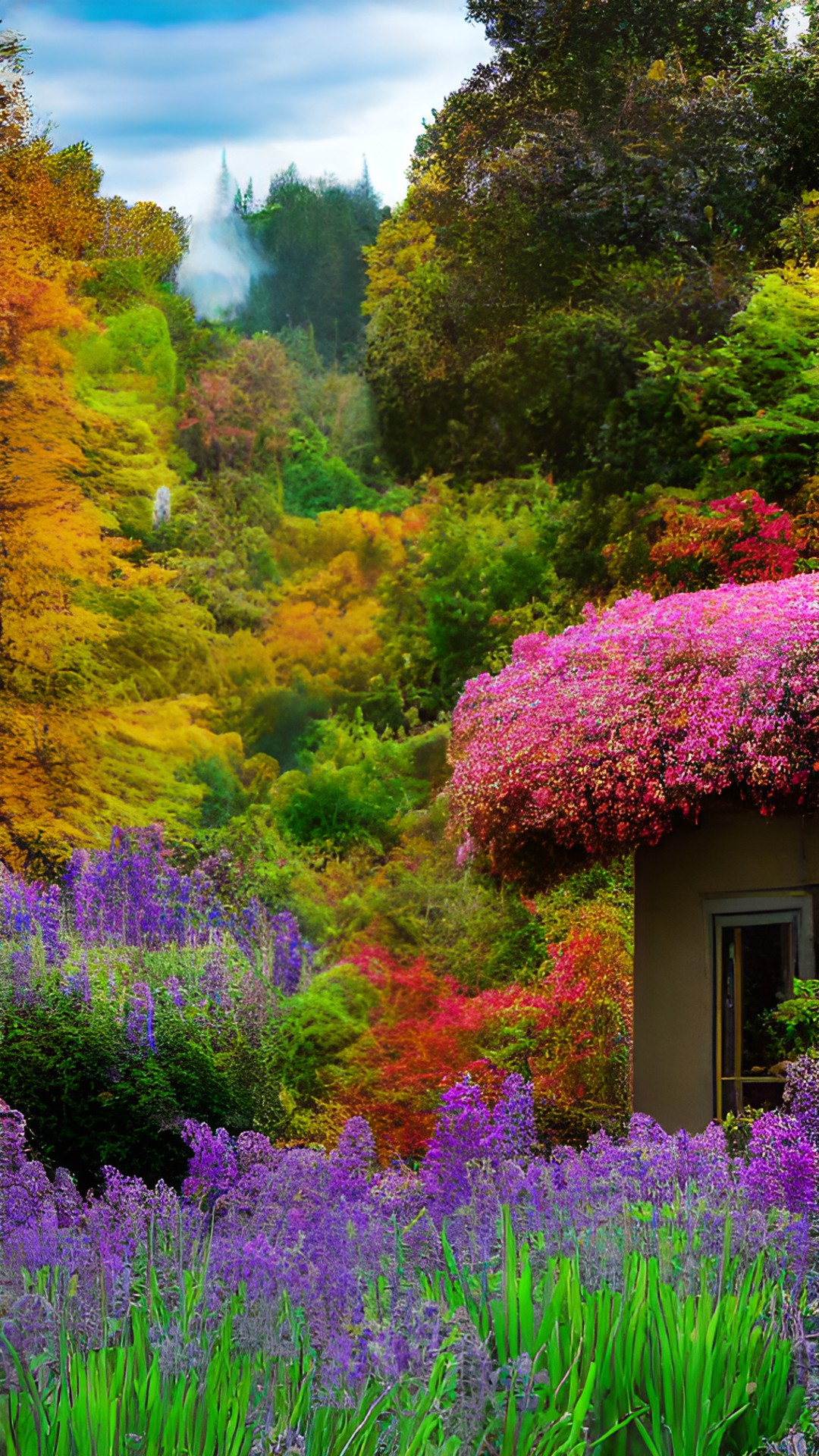 flowers - cottage
smoke
chimney
old lady
child in bushes
far away
fantasy
mystical
stairs
winding
in feild
water fountain
flowers
purple and blue
trees surrounding cottage
spring mixed with autumn preview