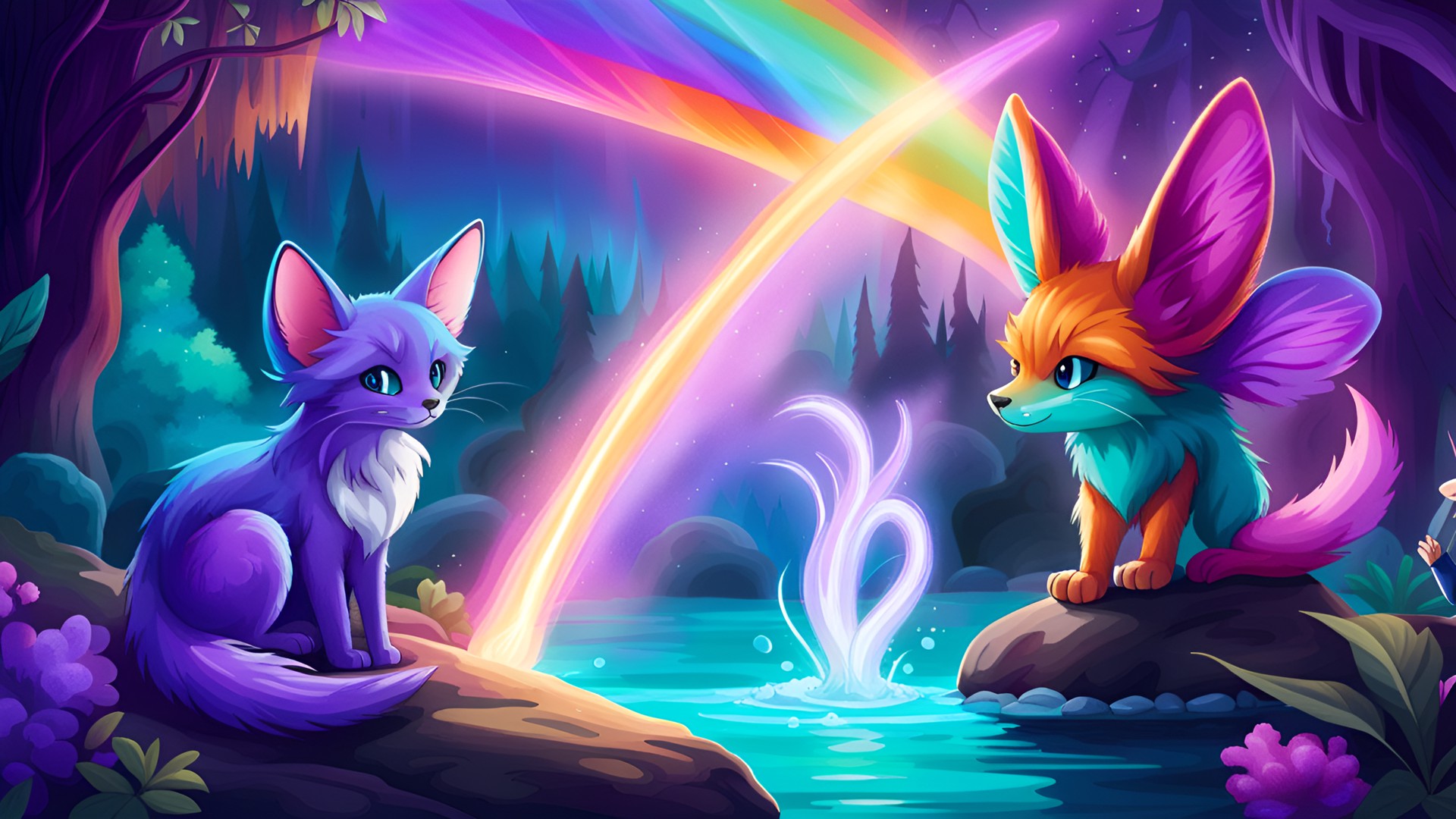 friends forever? - a teal and purple fennec fox,  and a cat that is purple and dance together in a fairy forest that has a rainbow over a  lake that has flame shooting out of it. preview