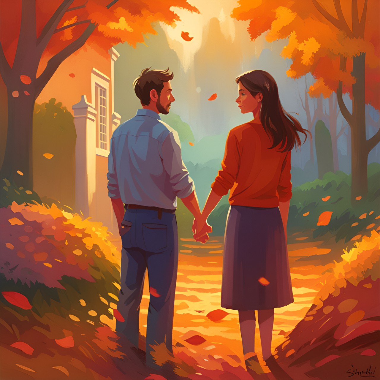 1 Illustrated v3 - a man and a woman holding hands in the garden, autumn preview