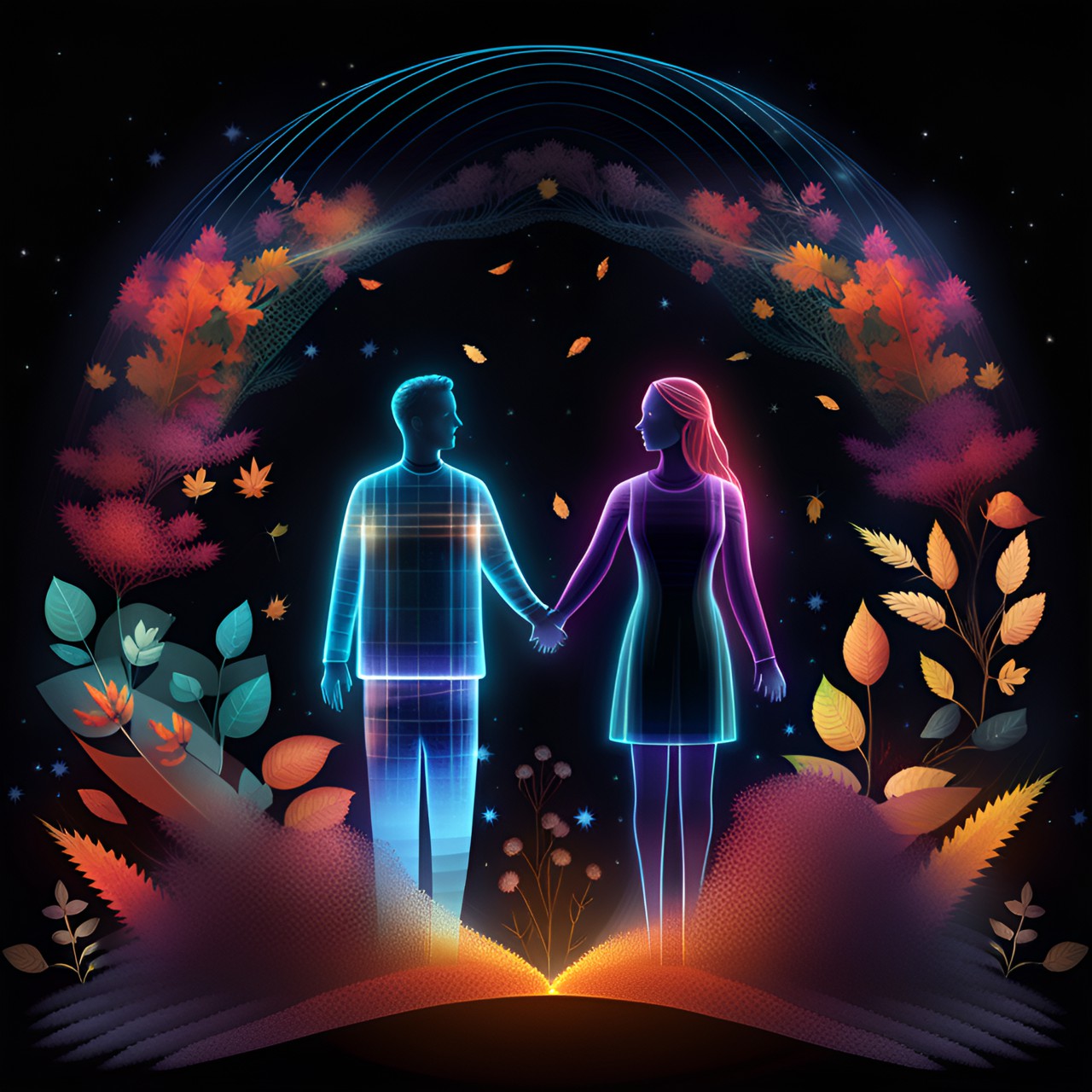 2- Warped v3 - a man and a woman holding hands in the garden, autumn preview