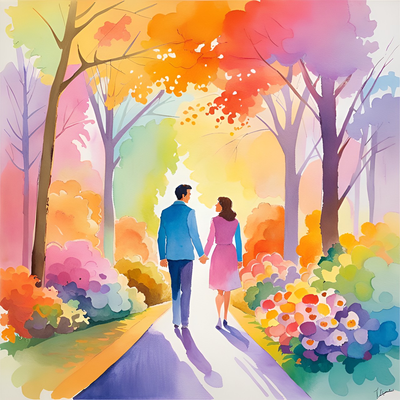 3 - Watercolor v3 - a man and a woman holding hands in the garden, autumn preview