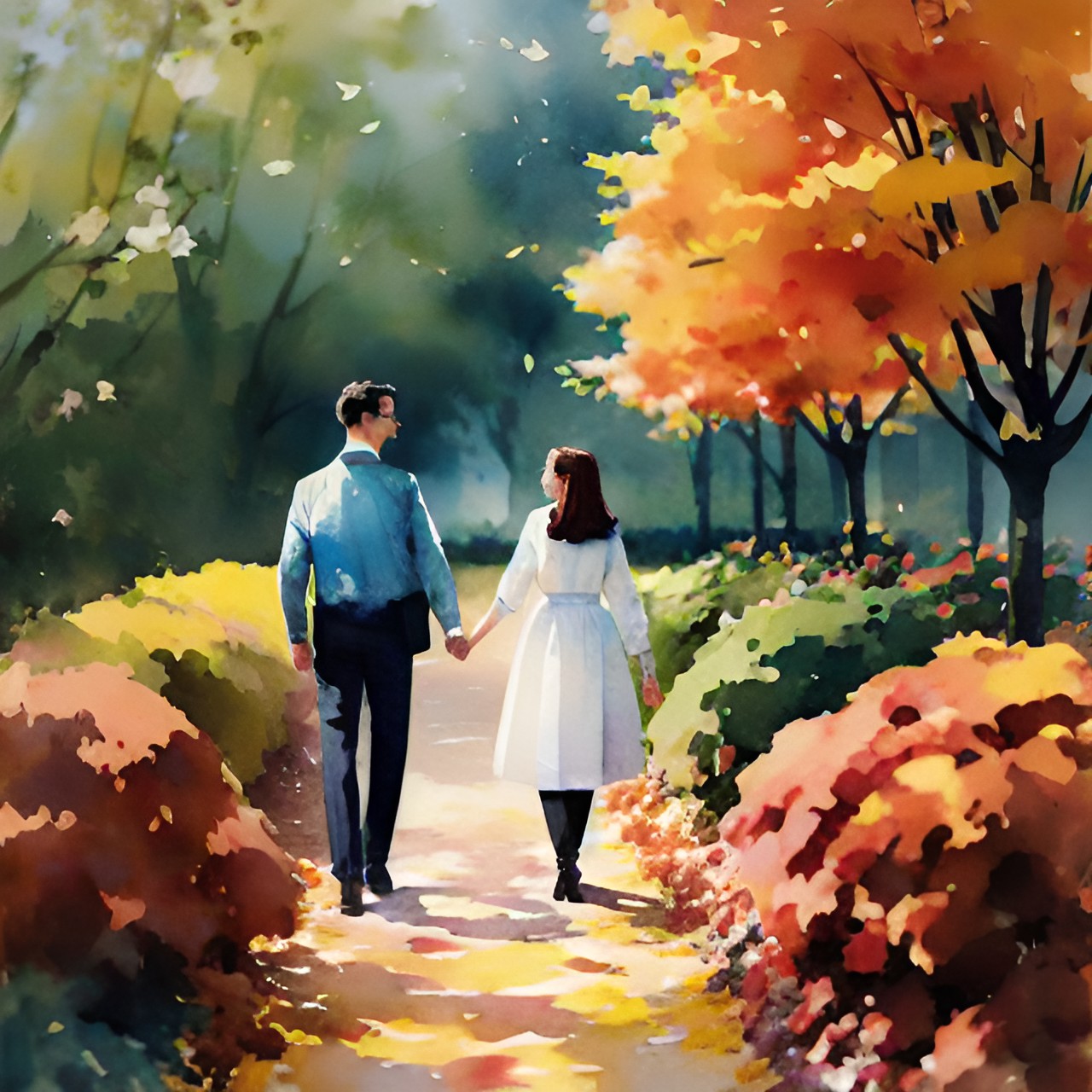 5.  Watercolor v2 - a man and a woman holding hands in the garden, autumn preview