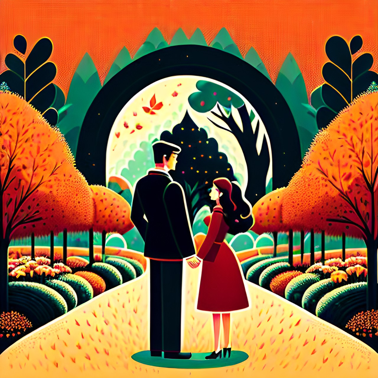 7. Poster Art v2 - a man and a woman holding hands in the garden, autumn preview