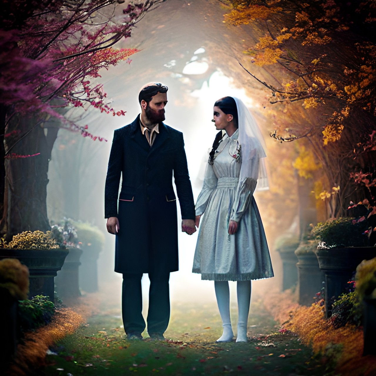 8. Spectral v2 - a man and a woman holding hands in the garden, autumn preview