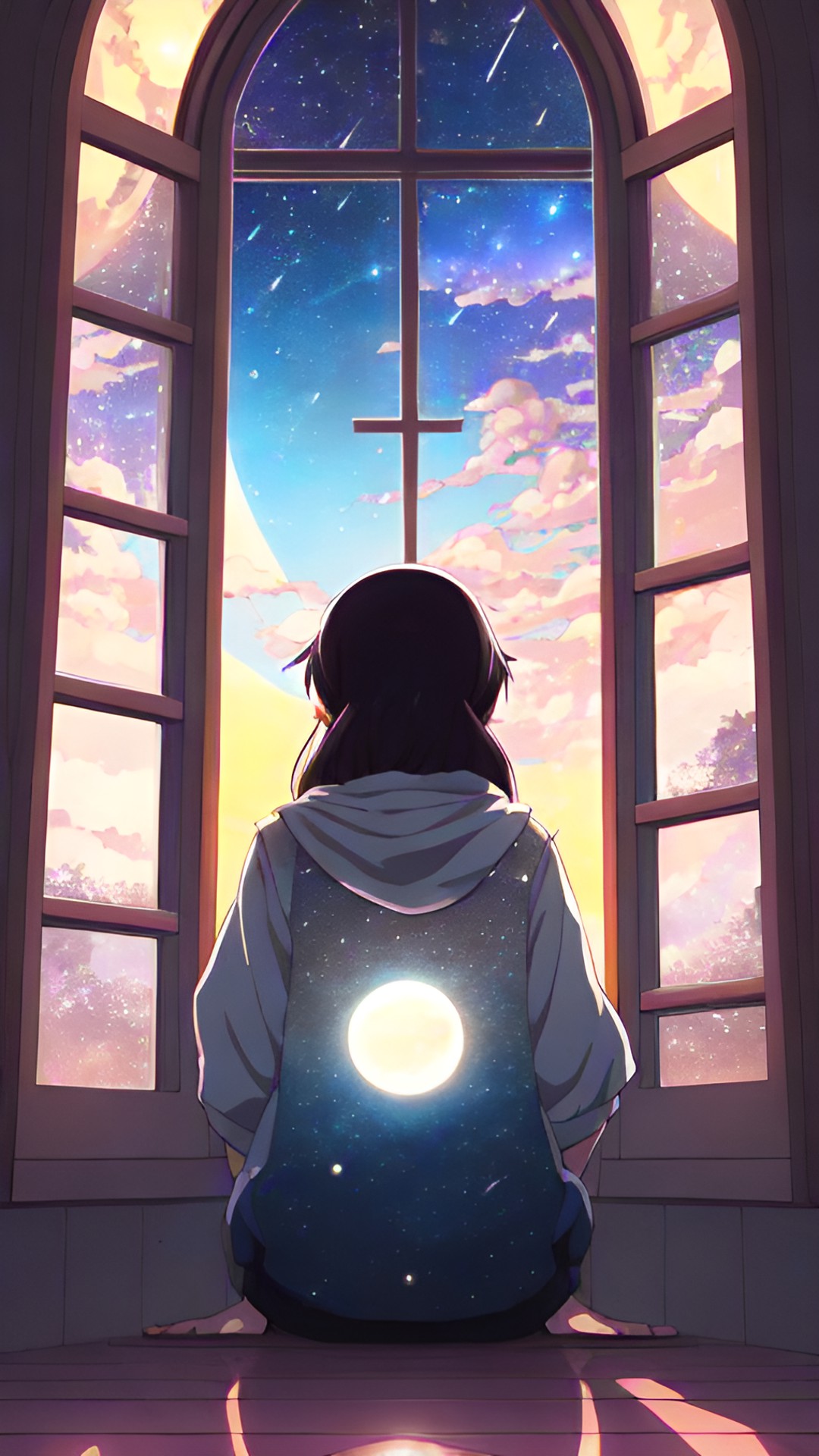 a lady with dark hair, looking at the moon in the night sky, through the window, highly detailed, fantasy art preview