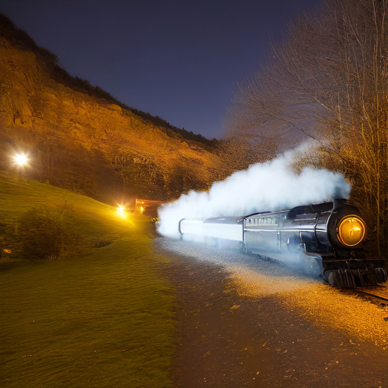 a steam train leaving a tunnel at night preview