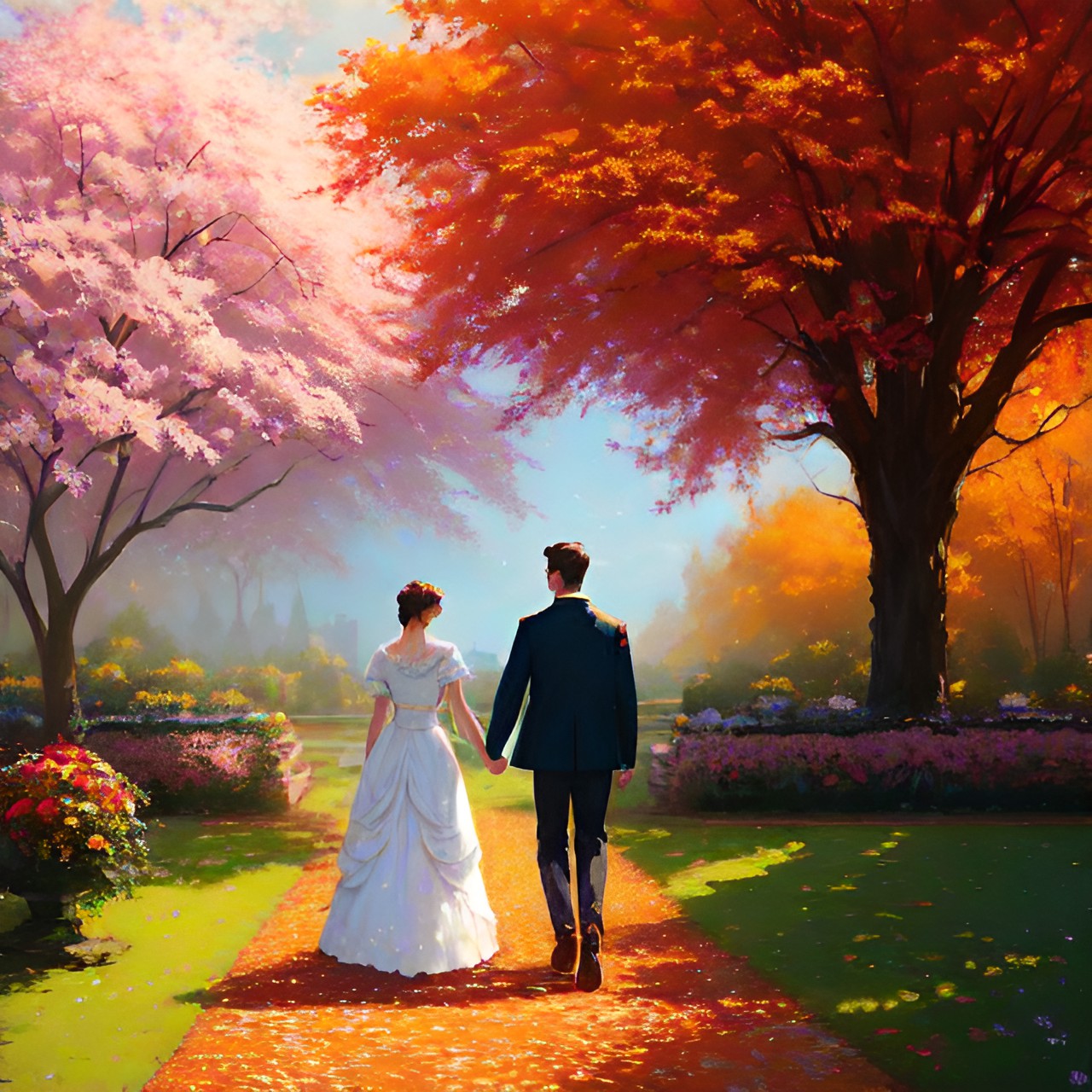 11 Spring v2 - a man and a woman holding hands in the garden, autumn preview