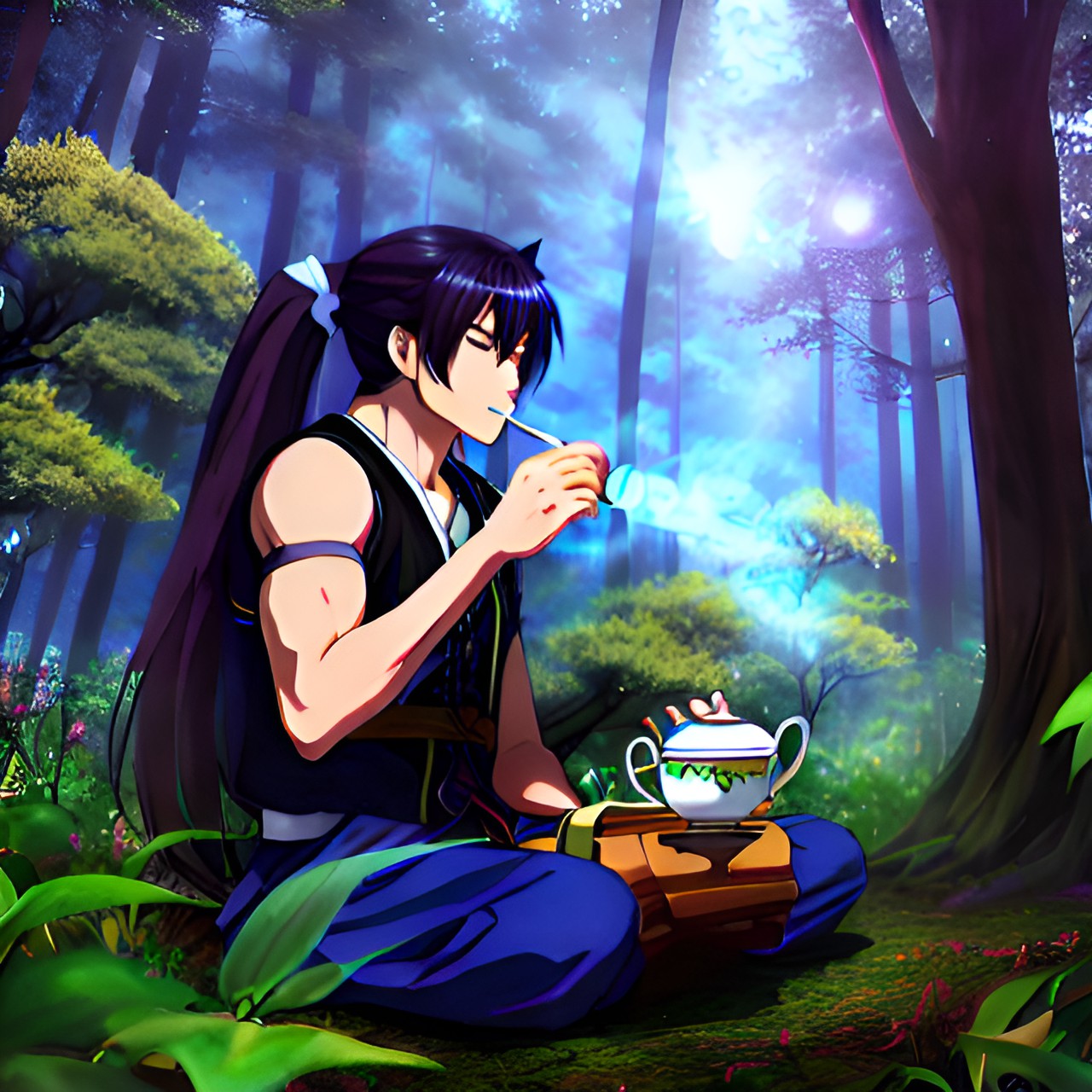 mystical anime male with long pony tail drinking tea in magic dark forest preview