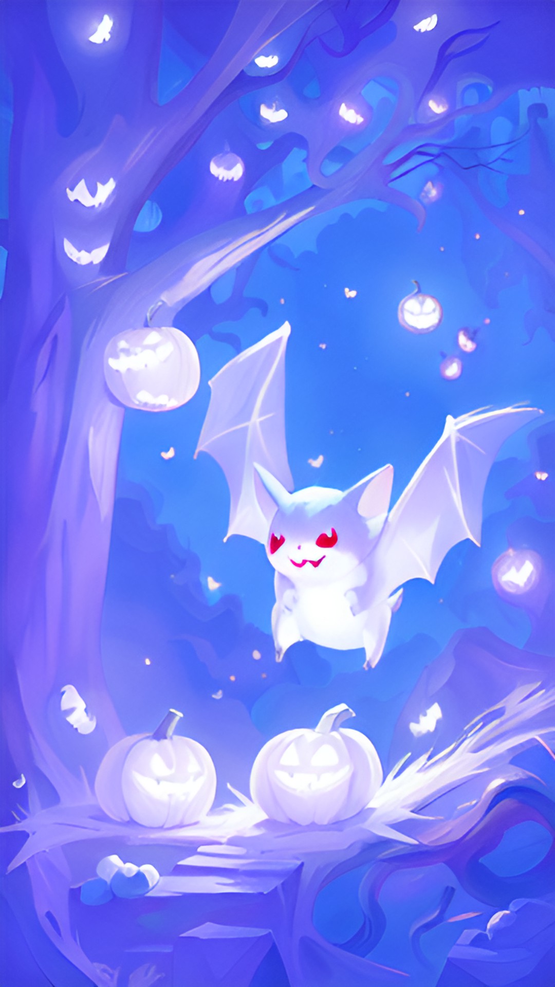 marshmallow bat - make a bat with features that resemble a marshmallow. the bat should be flying and should have a very cute and round appearance. add cute jack o' lanterns in the scenery. preview