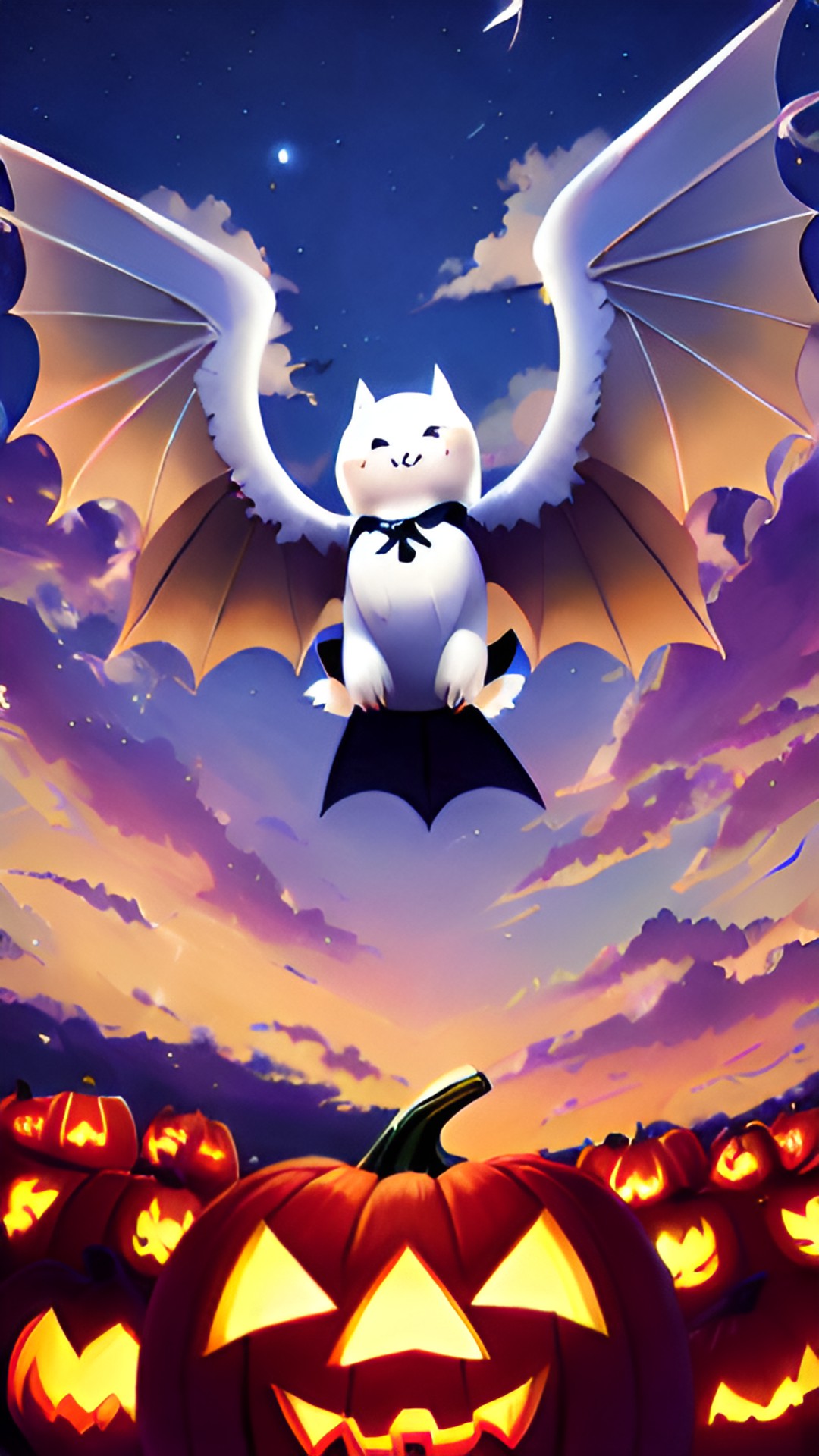 marshmallow bat - please, create a an image of a happy marshmallow with bat wings flying near a pumpkin. preview