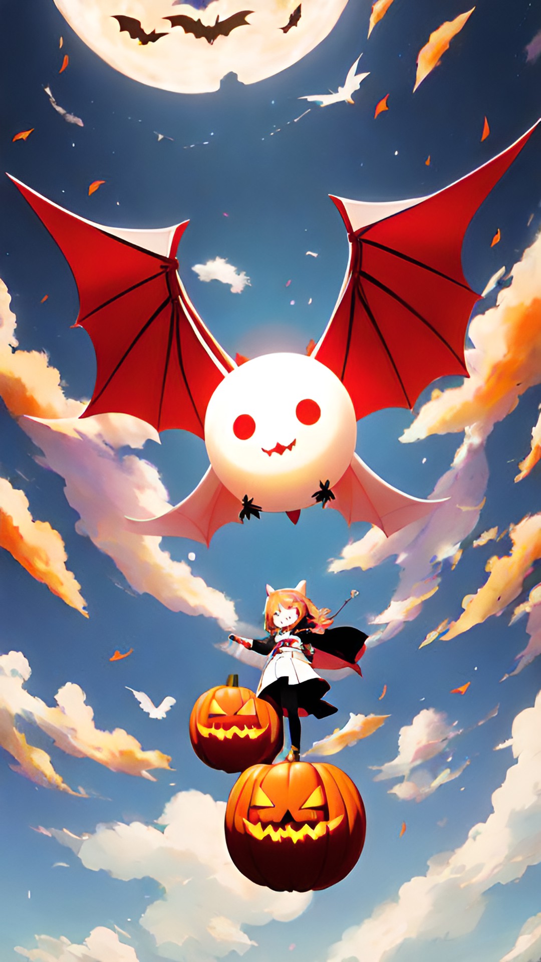 OMFG - make a white bat shaped like a marshmallow with red eyes flying over pumpkins preview