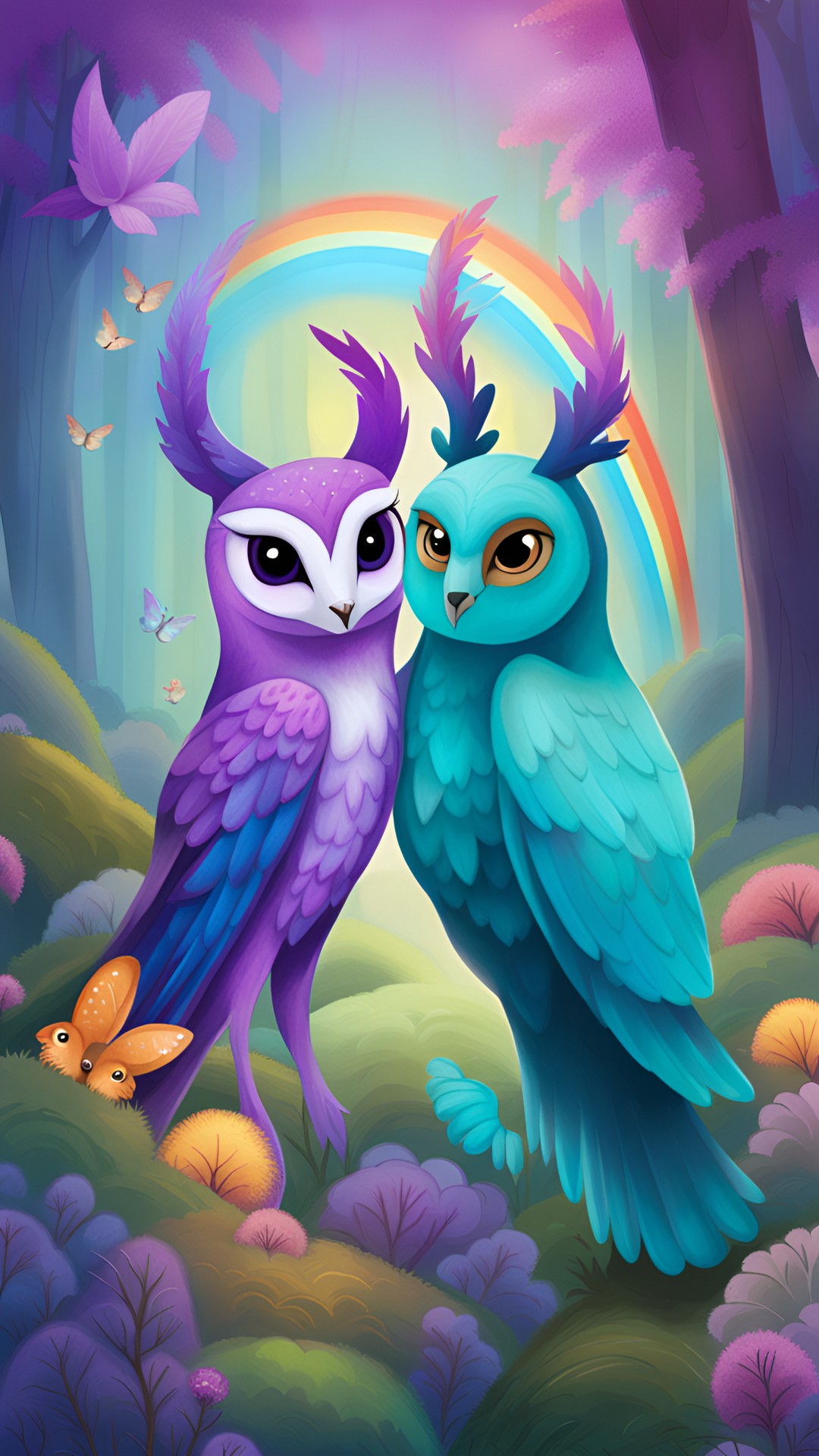 a teal and purple barn owl, and a deer that is purple, dance together in a fairy forest that has a rainbow preview