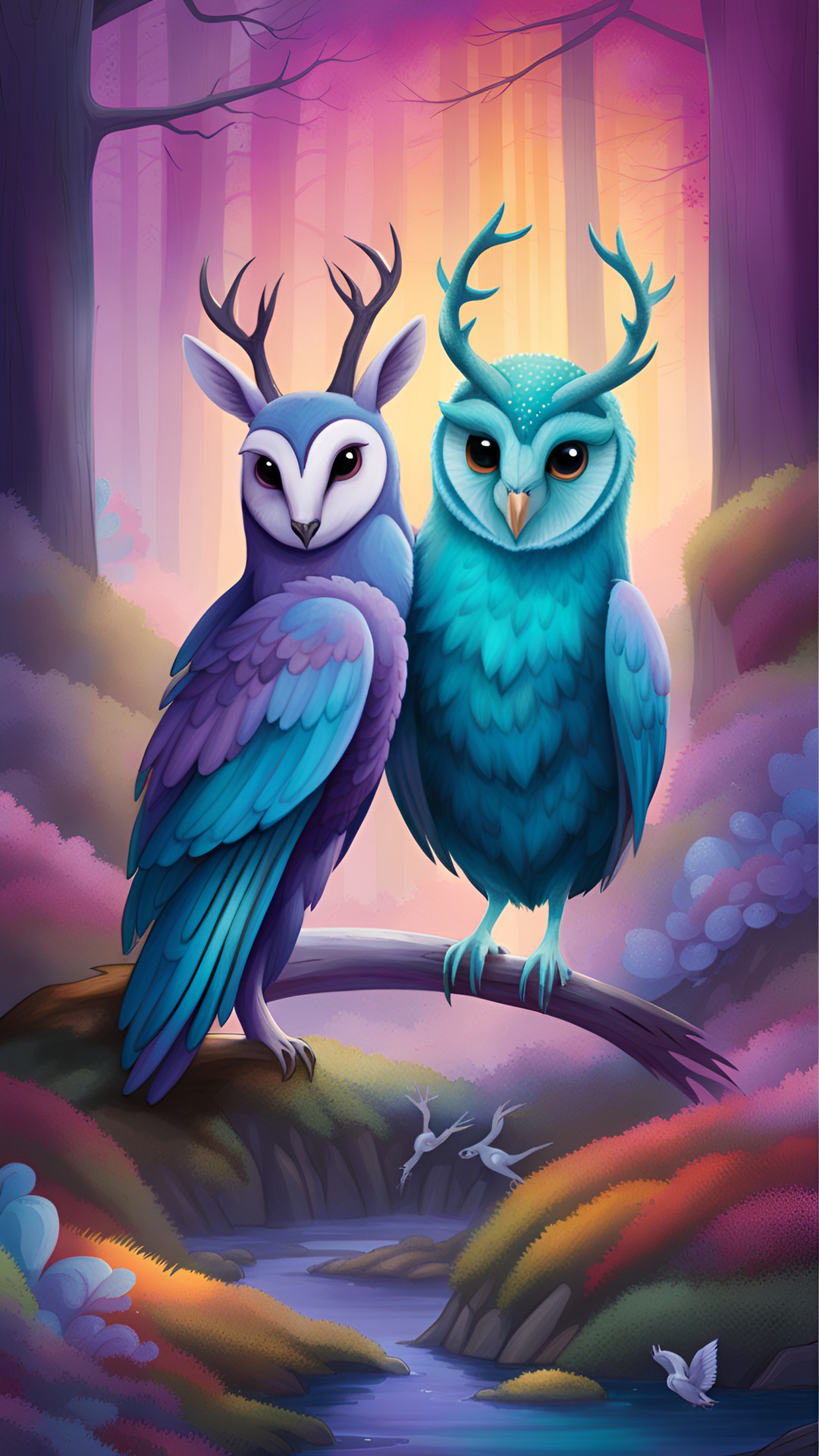 a teal and purple barn owl,  and a deer that is purple, dance together in a fairy forest that has a rainbow preview